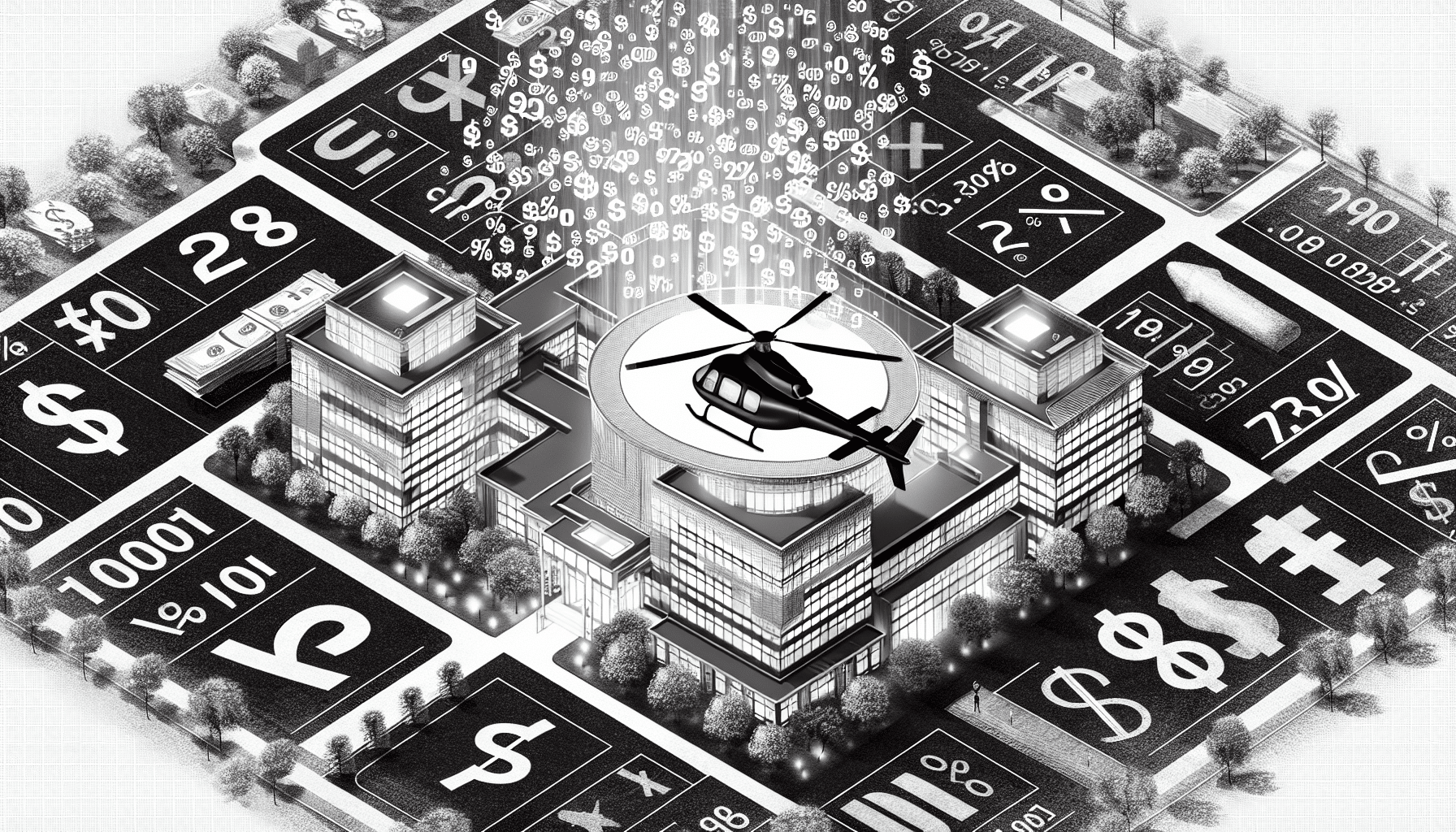 Foggy financial future concept with blurred hospital setting, representing uncertainty in healthcare costs and budgeting.