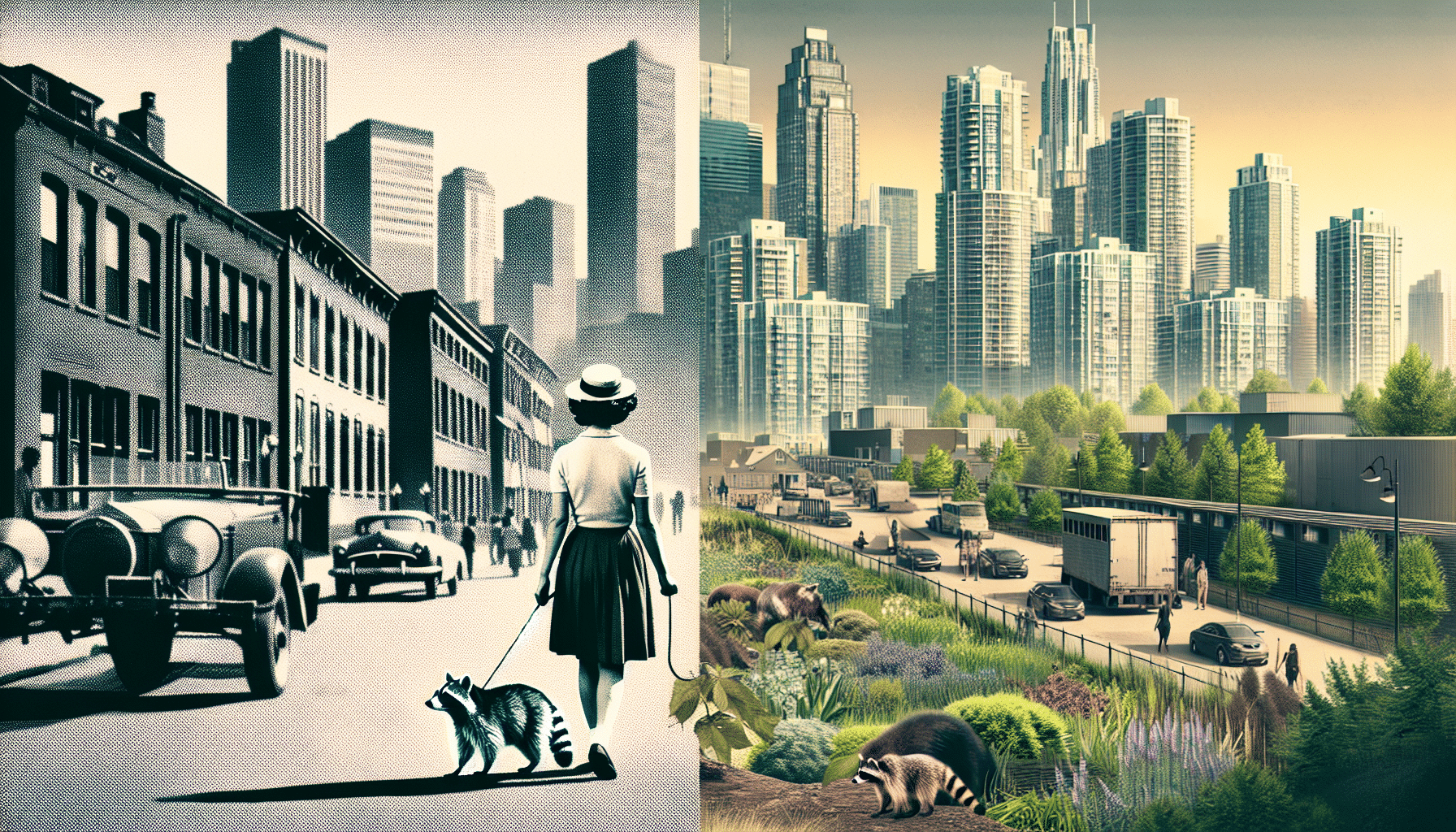 Urban landscape showcasing nature coexisting with city life, illustrating the theme of urban evolution and sustainability.