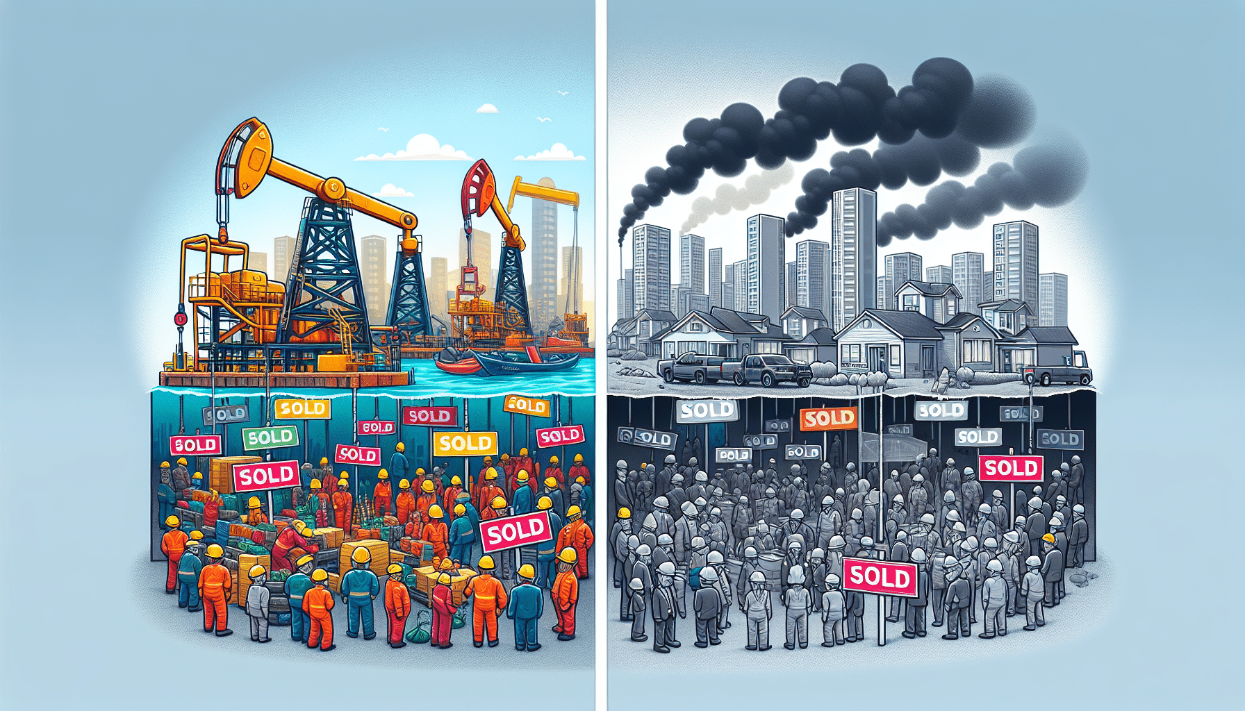 Alberta economy graphic showcasing prosperity and decline trends in key sectors for effective economic analysis.