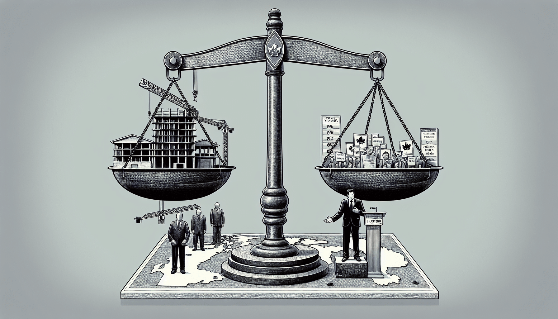 Balance of power concept illustrated in Mushkegowuk region, James Bay, highlighting Indigenous rights and environmental sustainability.