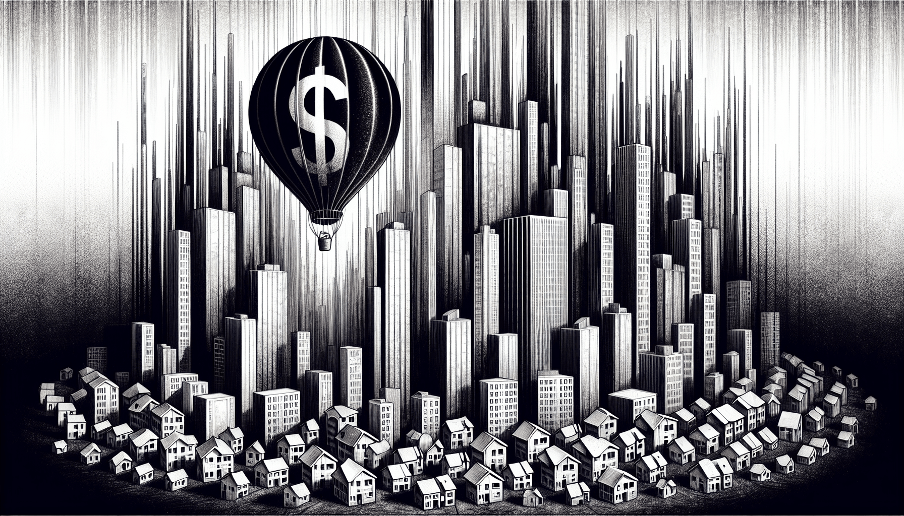 City skyline with tall buildings and a representation of declining rent prices, symbolizing housing market trends.