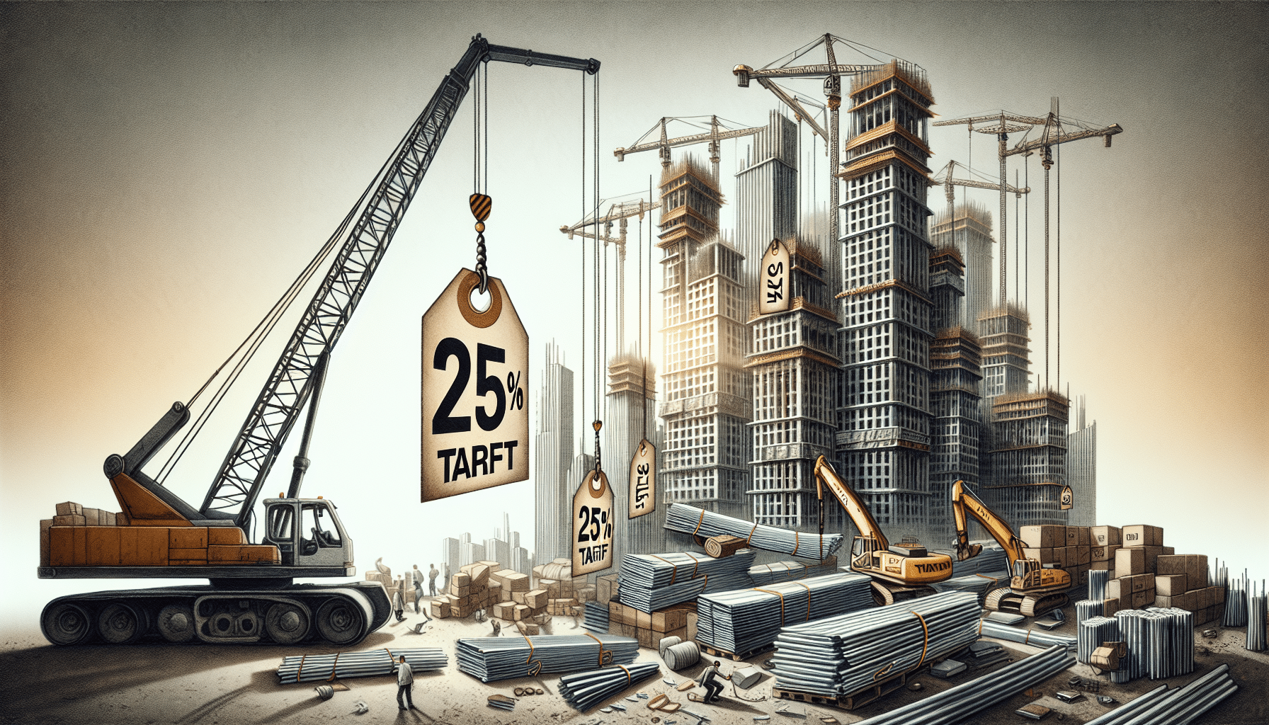 Image illustrating the impact of tariffs on construction costs, highlighting increased material prices and industry challenges.