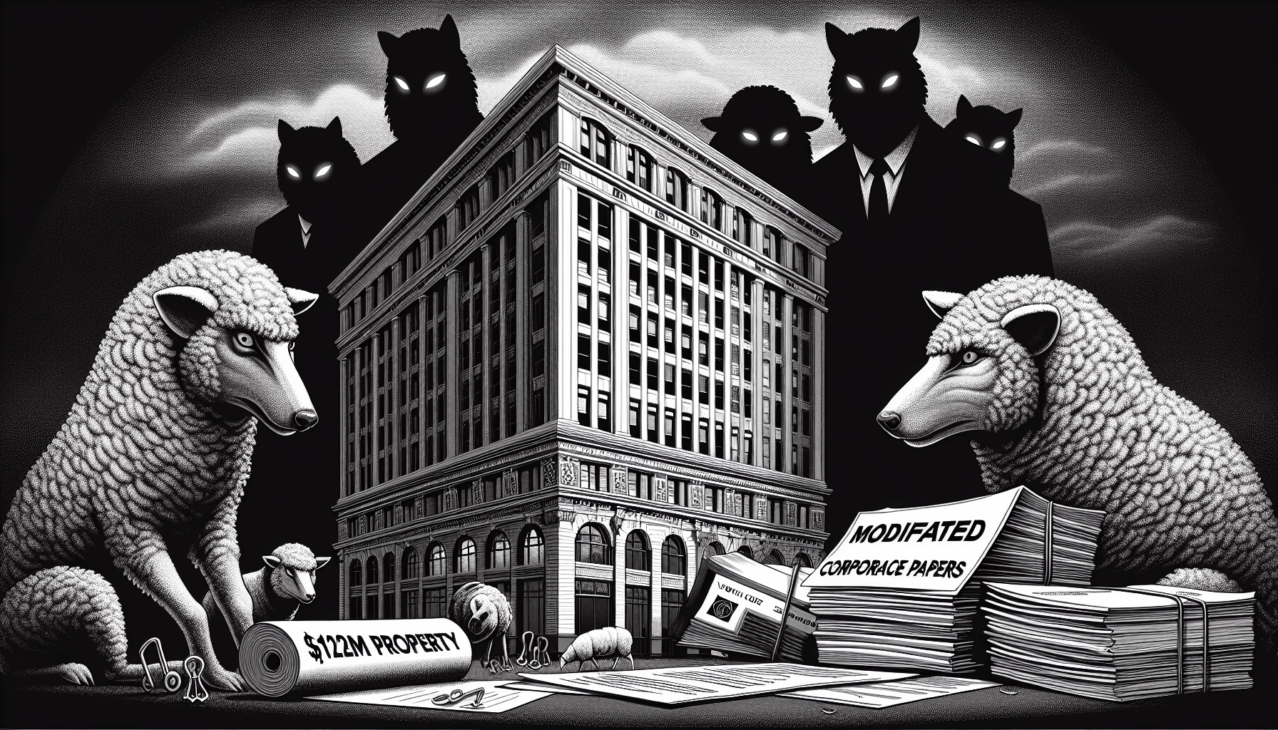 Business professionals in wolf masks representing corporate deceit and hidden agendas in a modern workplace setting.