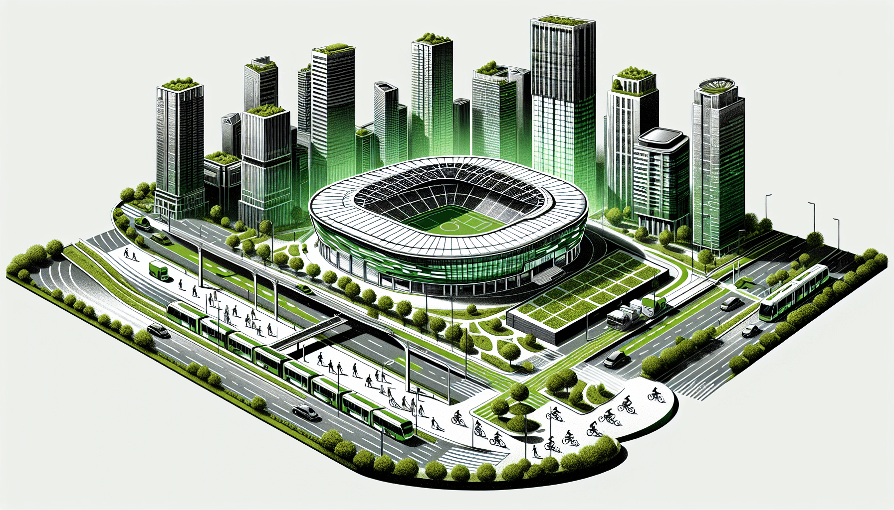 Eco-friendly transportation hub design featuring green spaces, solar panels, and modern transit options for a sustainable arena.