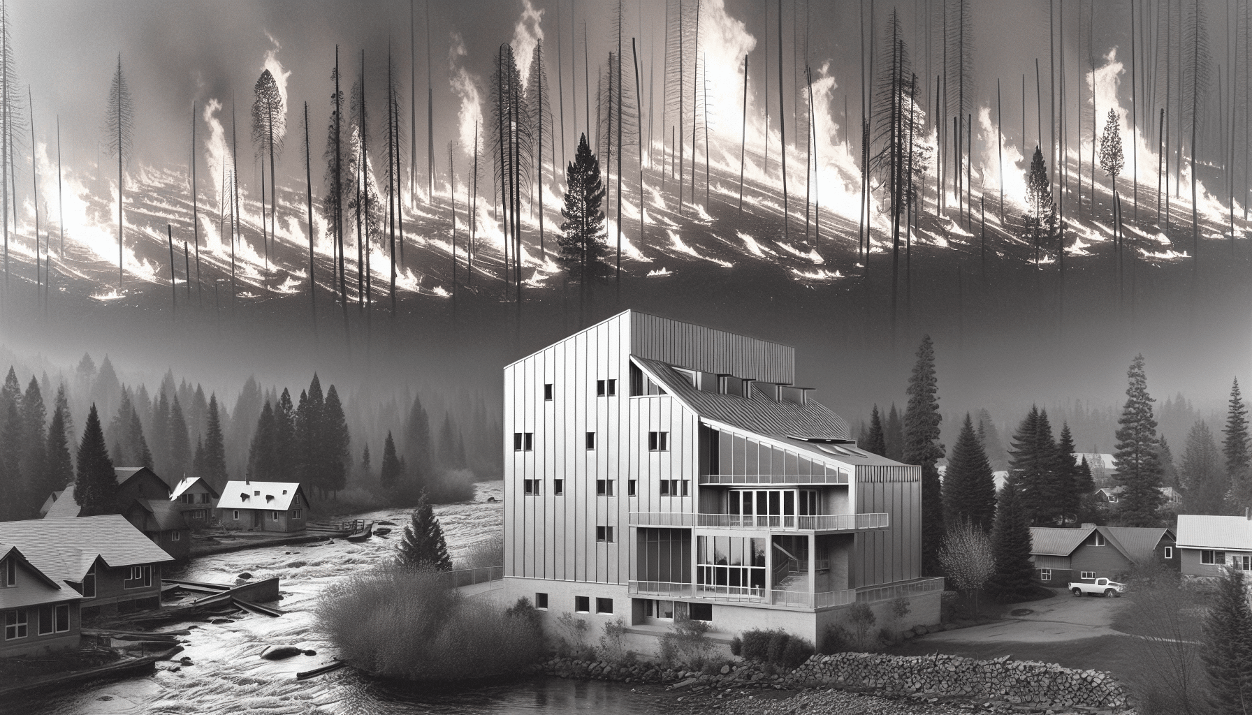 Fire-resistant building designed to withstand wildfires surrounded by a forest and smoke in the background.