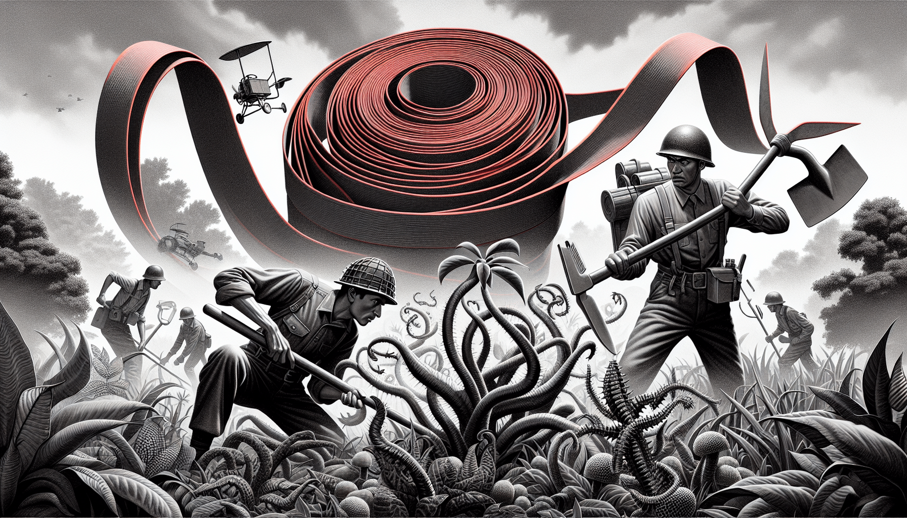 Gardeners working together to battle invasive weeds in a lush garden setting, showcasing teamwork in sustainable gardening practices.