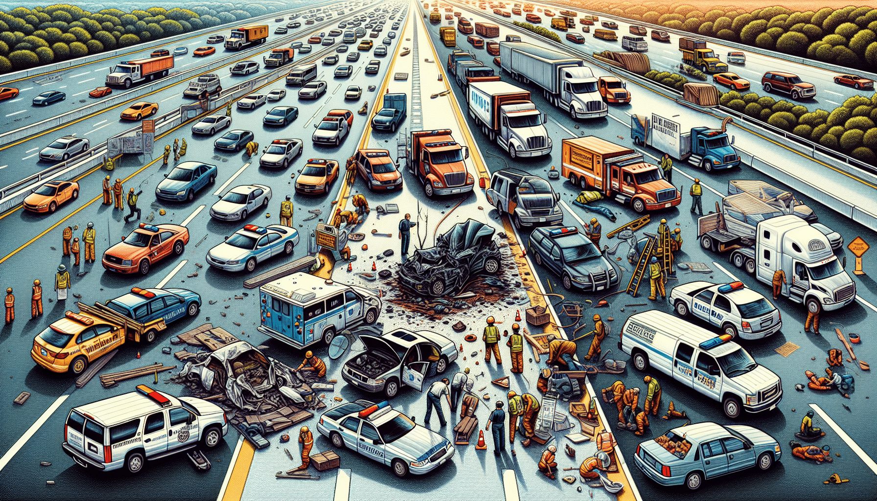 Highway chaos disrupts construction progress with traffic delays and obstacles on the road.
