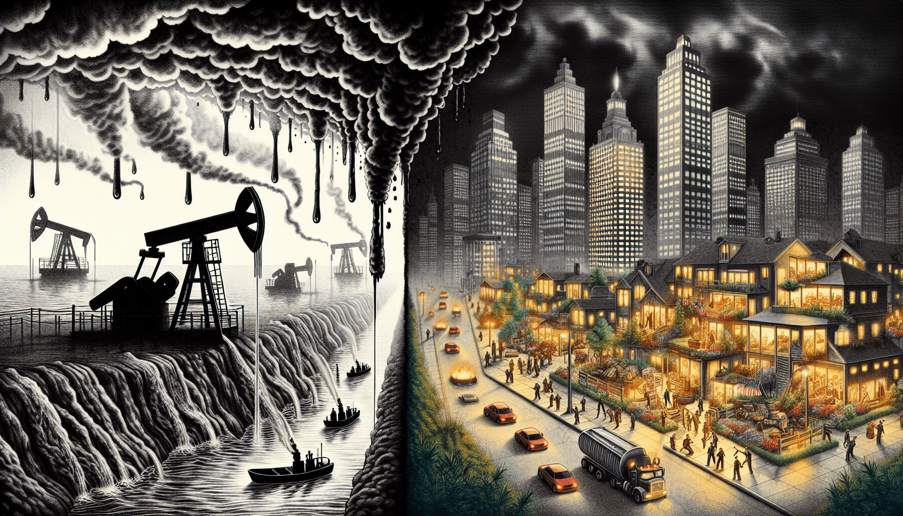 Oil chaos and urban calm contrast in a visual representation of environmental impact and urban sustainability.