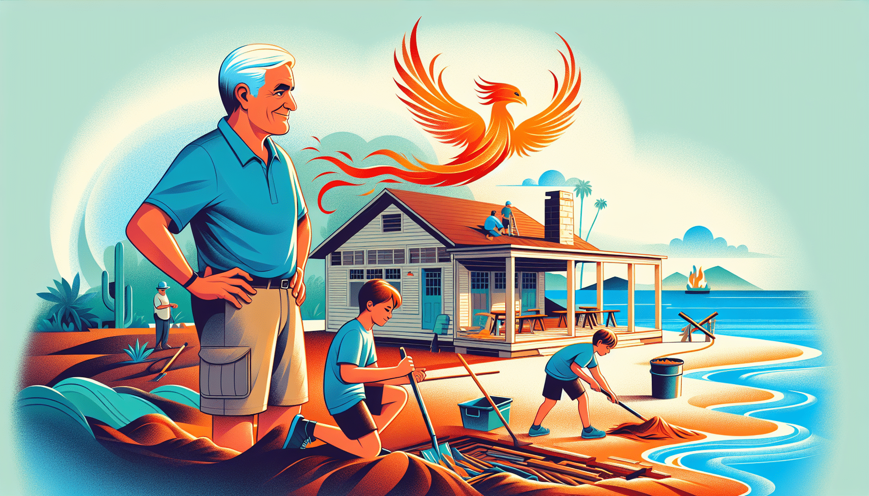 A vibrant phoenix rises against a colorful sunset sky at Wards Island, symbolizing renewal and transformation.