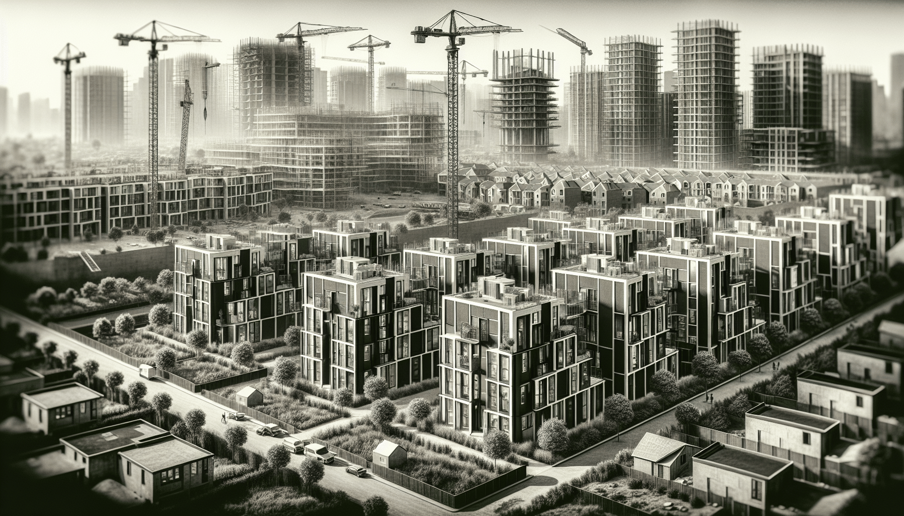 Urban housing construction scene showcasing workers building modern residential buildings in a bustling city environment.
