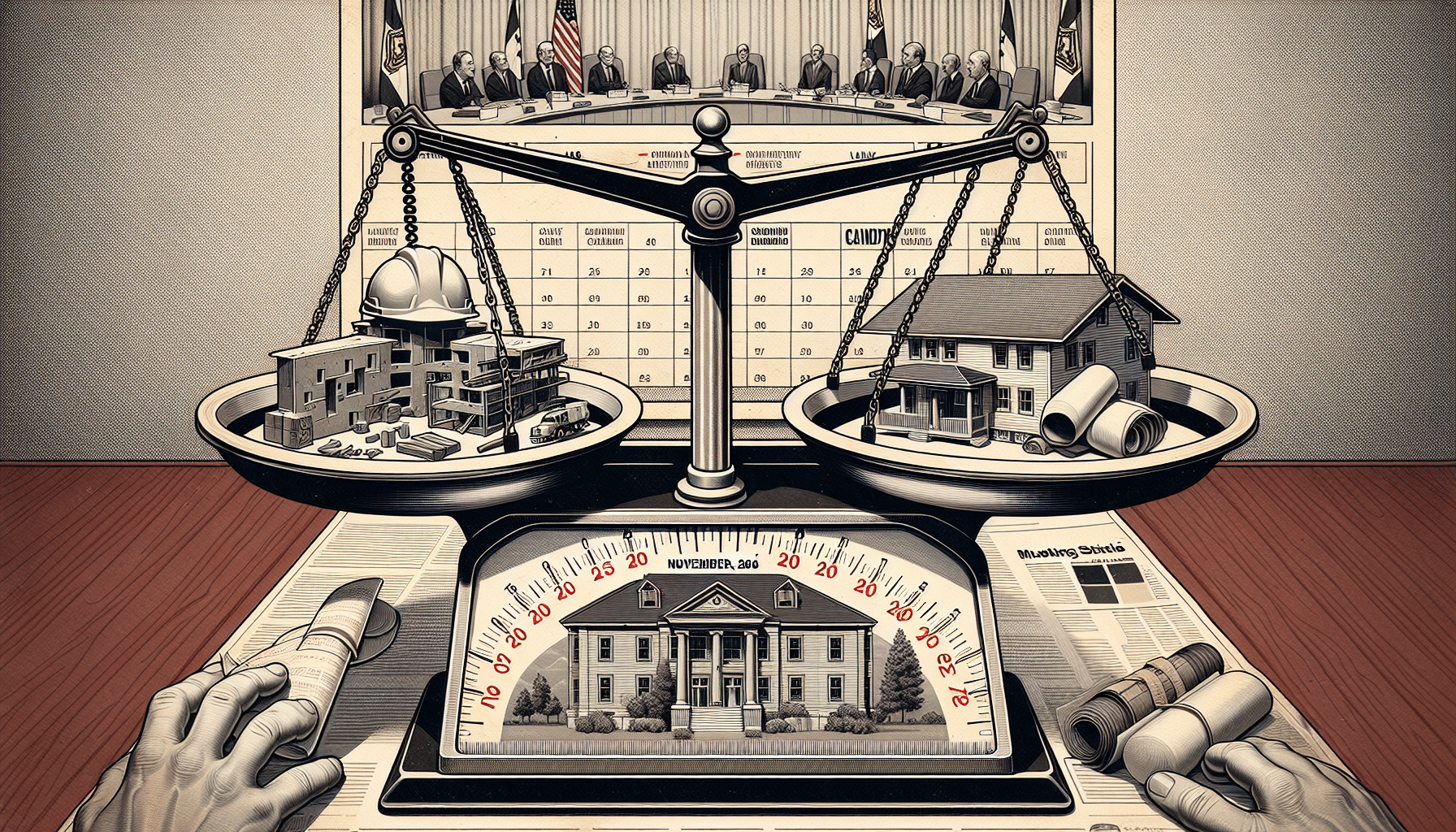 An illustration showing scales balancing politics and industry, symbolizing the relationship between government and business.