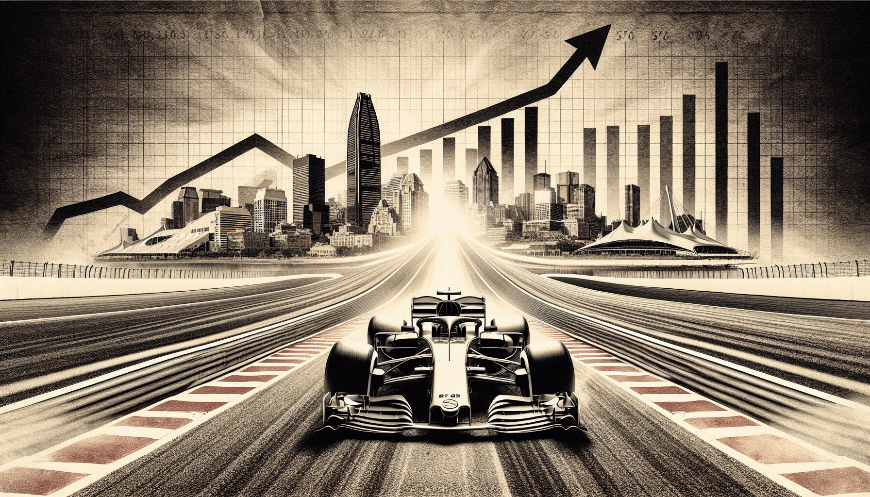 Montreal Grand Prix event with cars racing, vibrant crowd, and iconic city skyline in the background.