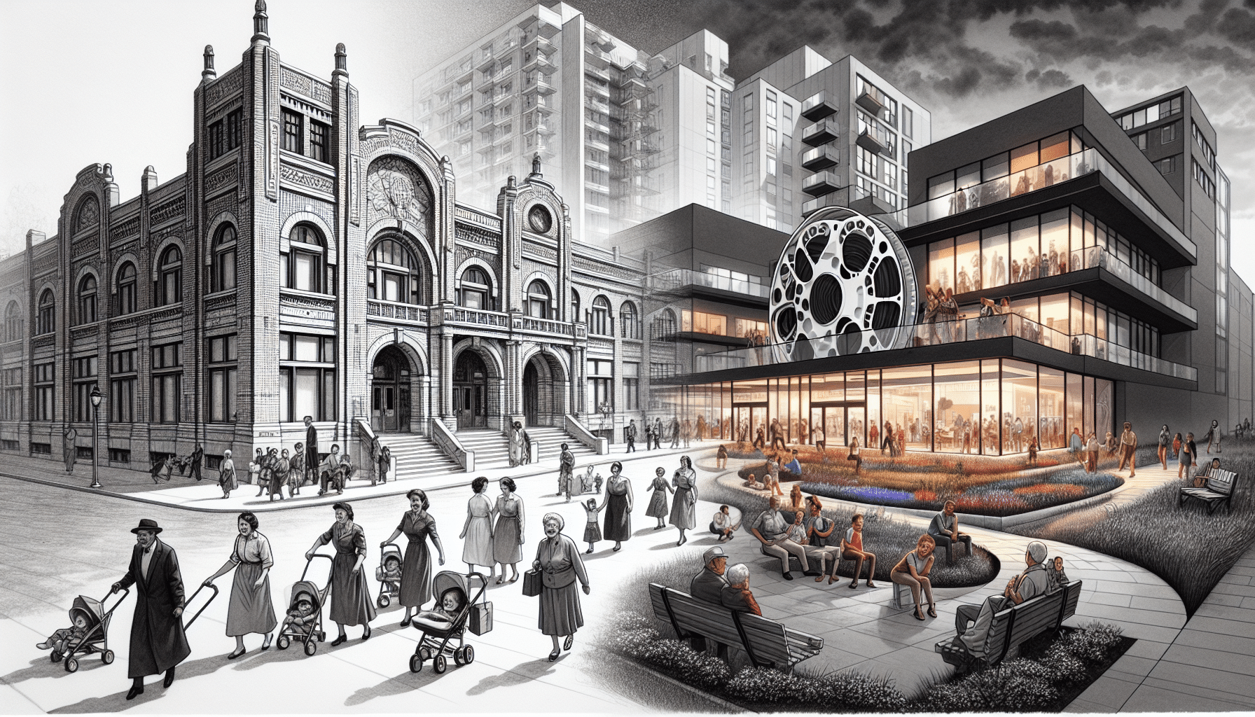 Image depicting urban evolution blending old architecture with modern design showcasing revitalized cityscapes and community integration.