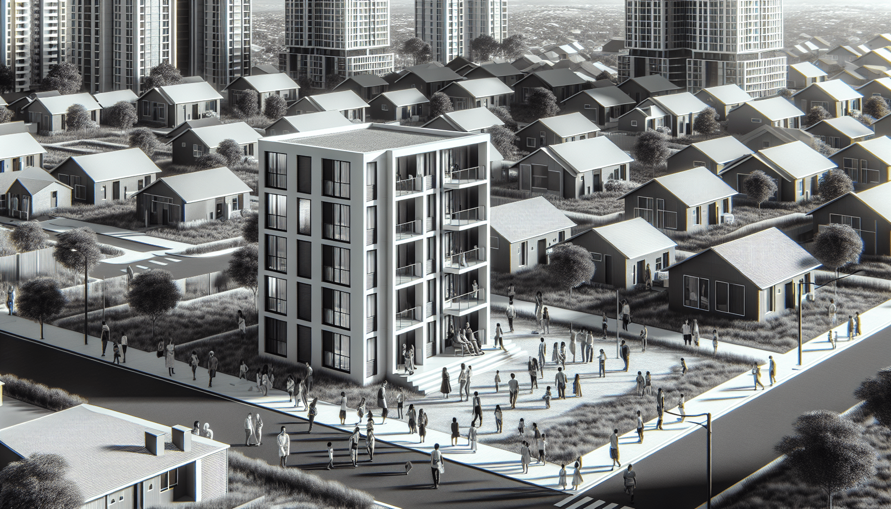 Diverse sixplex building in a neighborhood showcasing community living and architectural variety in urban design.