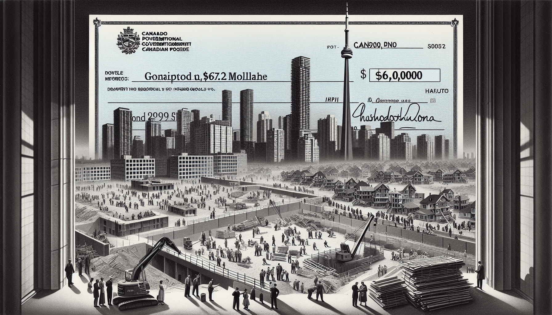 Illustration showing Toronto's housing market boost with new developments and rising property values in vibrant cityscape.