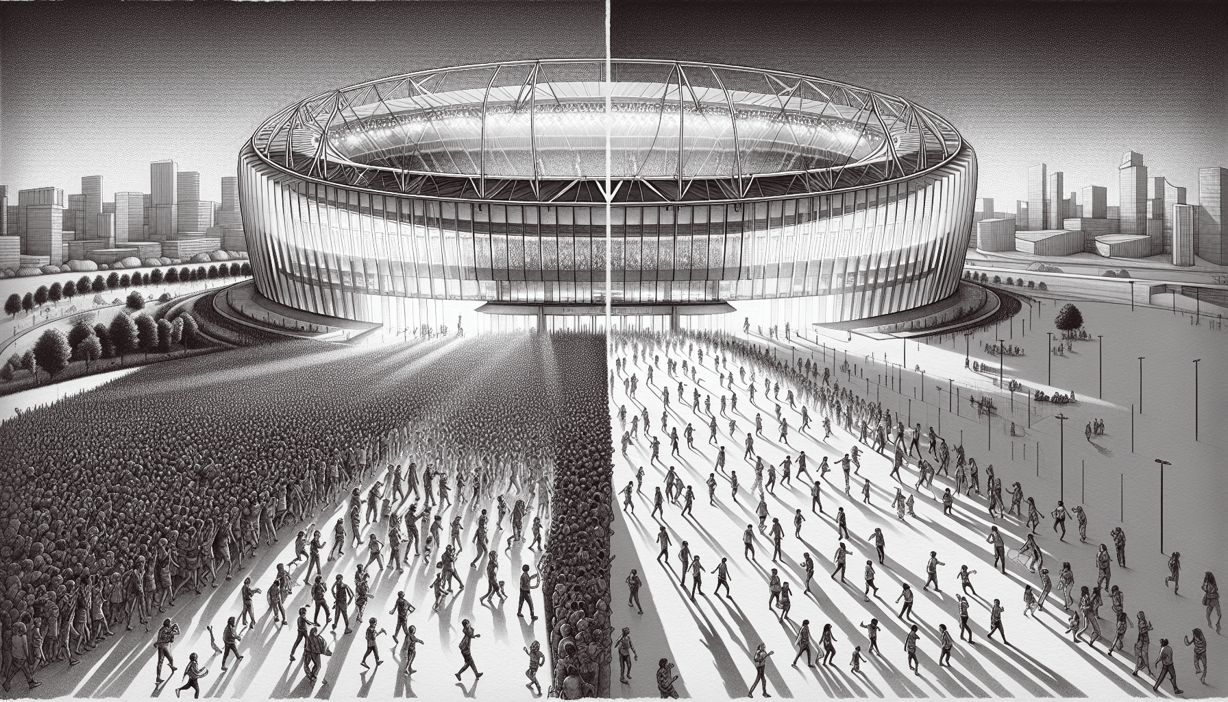 Chaos in stadium planning illustrated in a split image showing contrasting organization plans versus the reality of crowds.