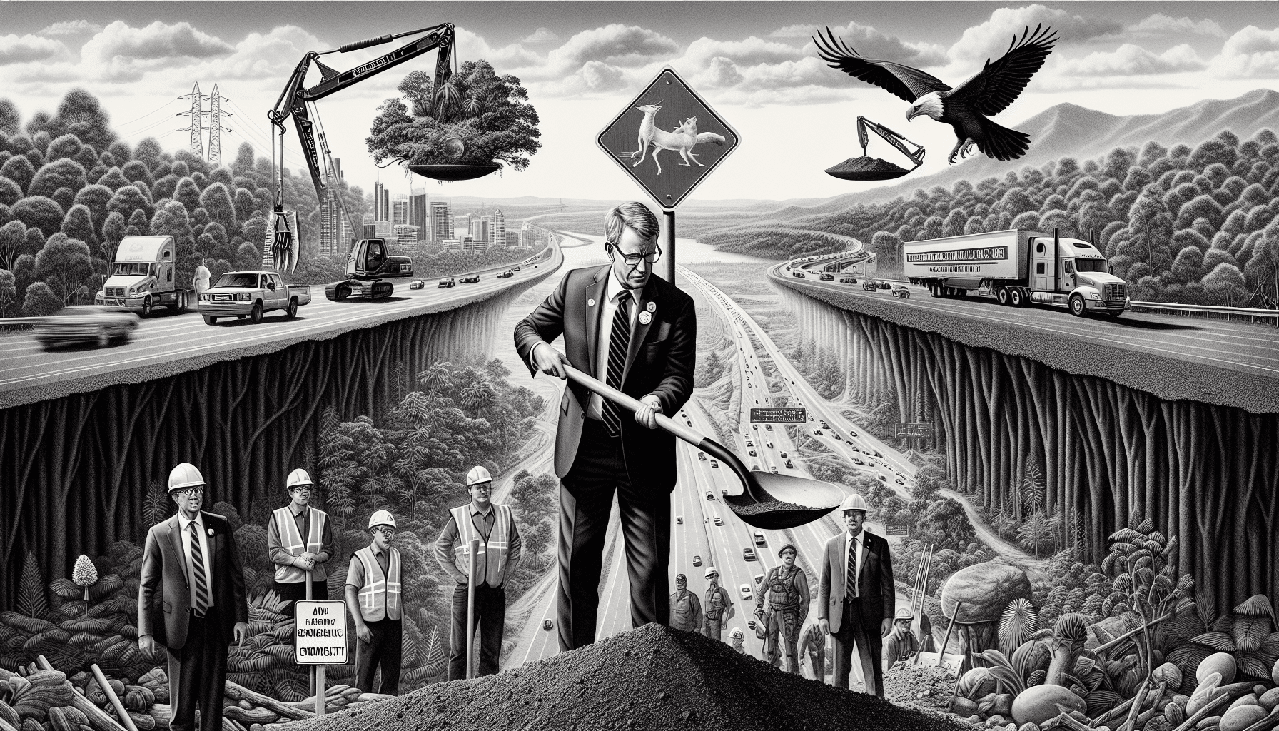 Illustration depicting the balance between progress and nature, showcasing sustainability and environmental harmony.