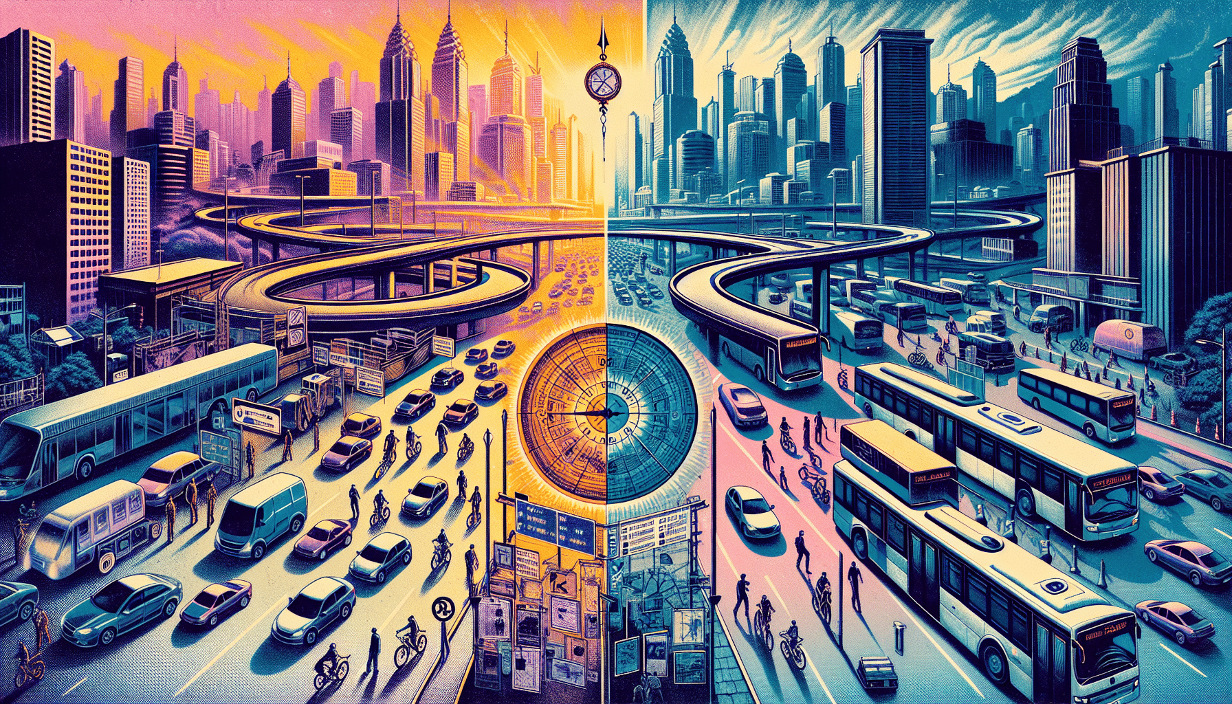 City skyline depicting a contrast of chaotic urban life and peaceful nature, showcasing a blend of chaos and calm in the city.