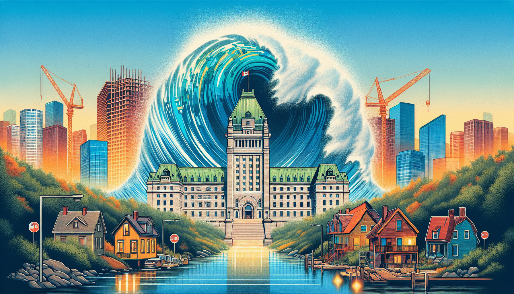 Quebec political and economic turmoil illustrated by a tsunami wave symbolizing challenges and disruptions in governance and finance.