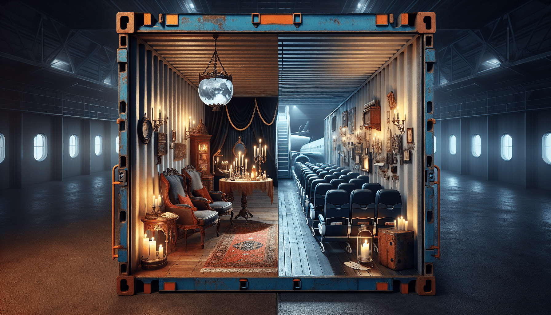 Colorful shipping containers transformed into a vibrant theatrical stage showcasing artistic performances and creativity.