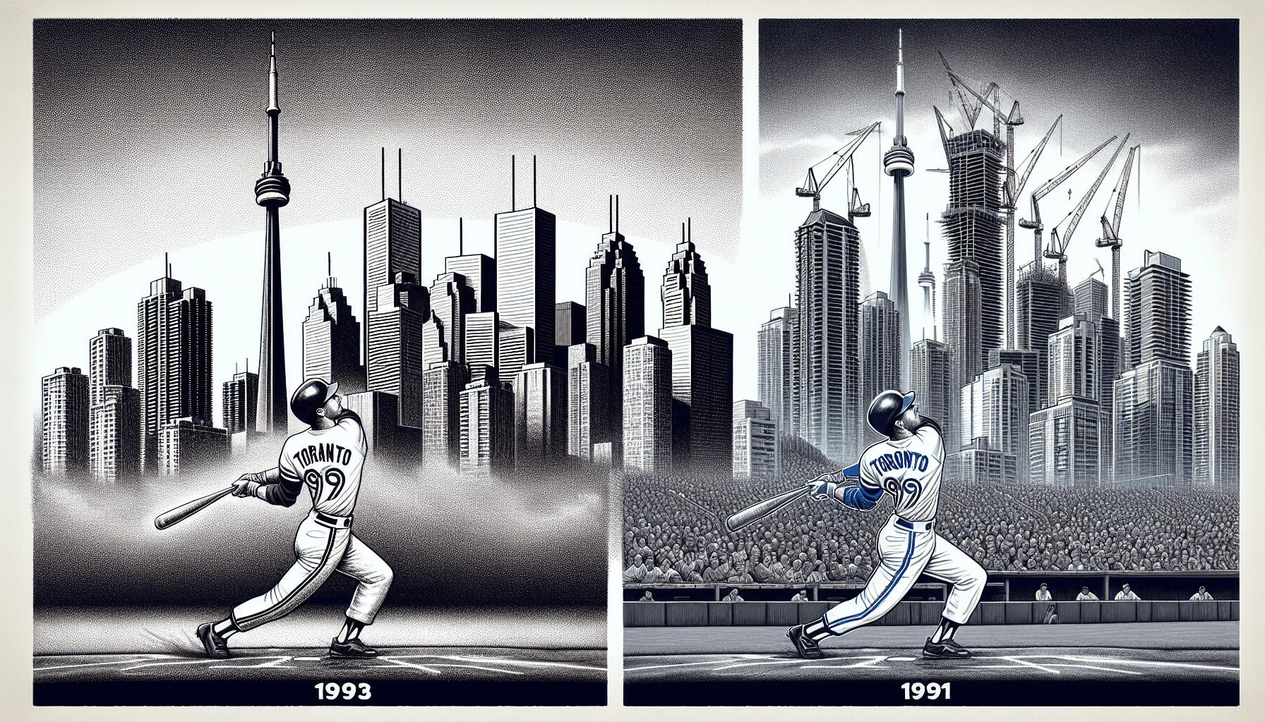 Toronto skyline evolution from 1993 to 2023 showcasing iconic buildings and urban development growth.