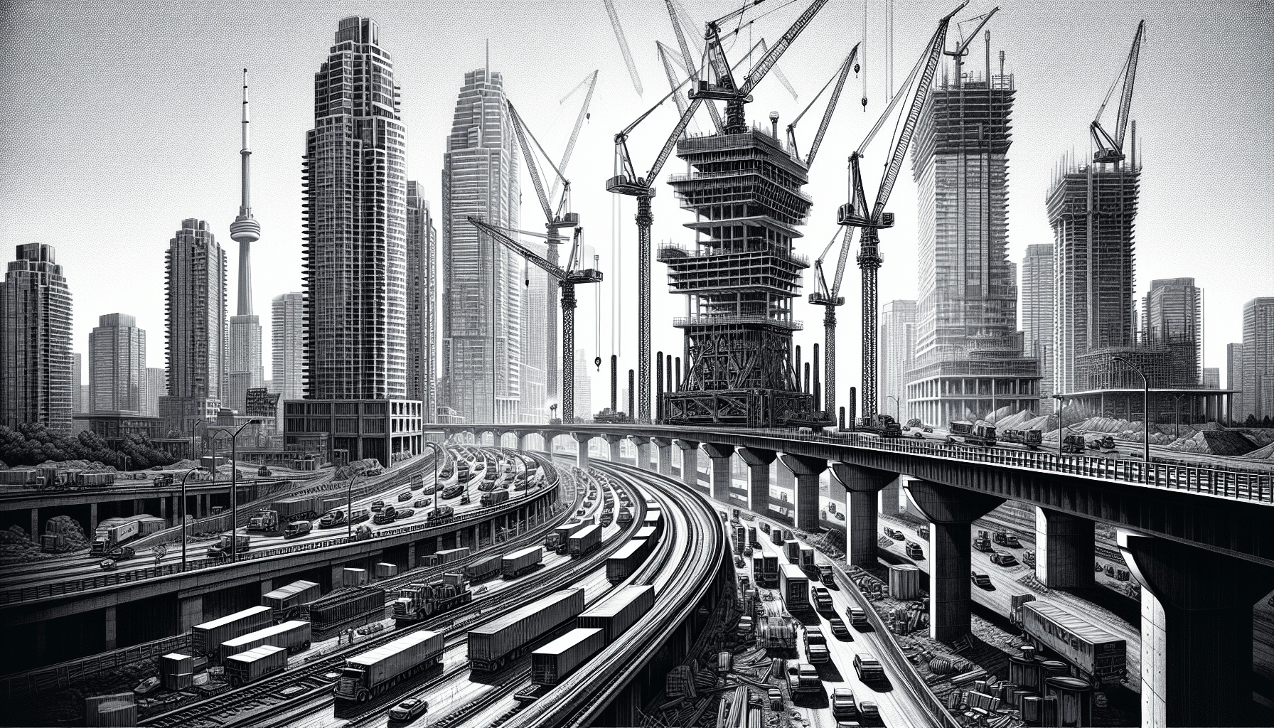 Toronto skyline transformation showcasing modern architecture and urban development against a vibrant sunset background.