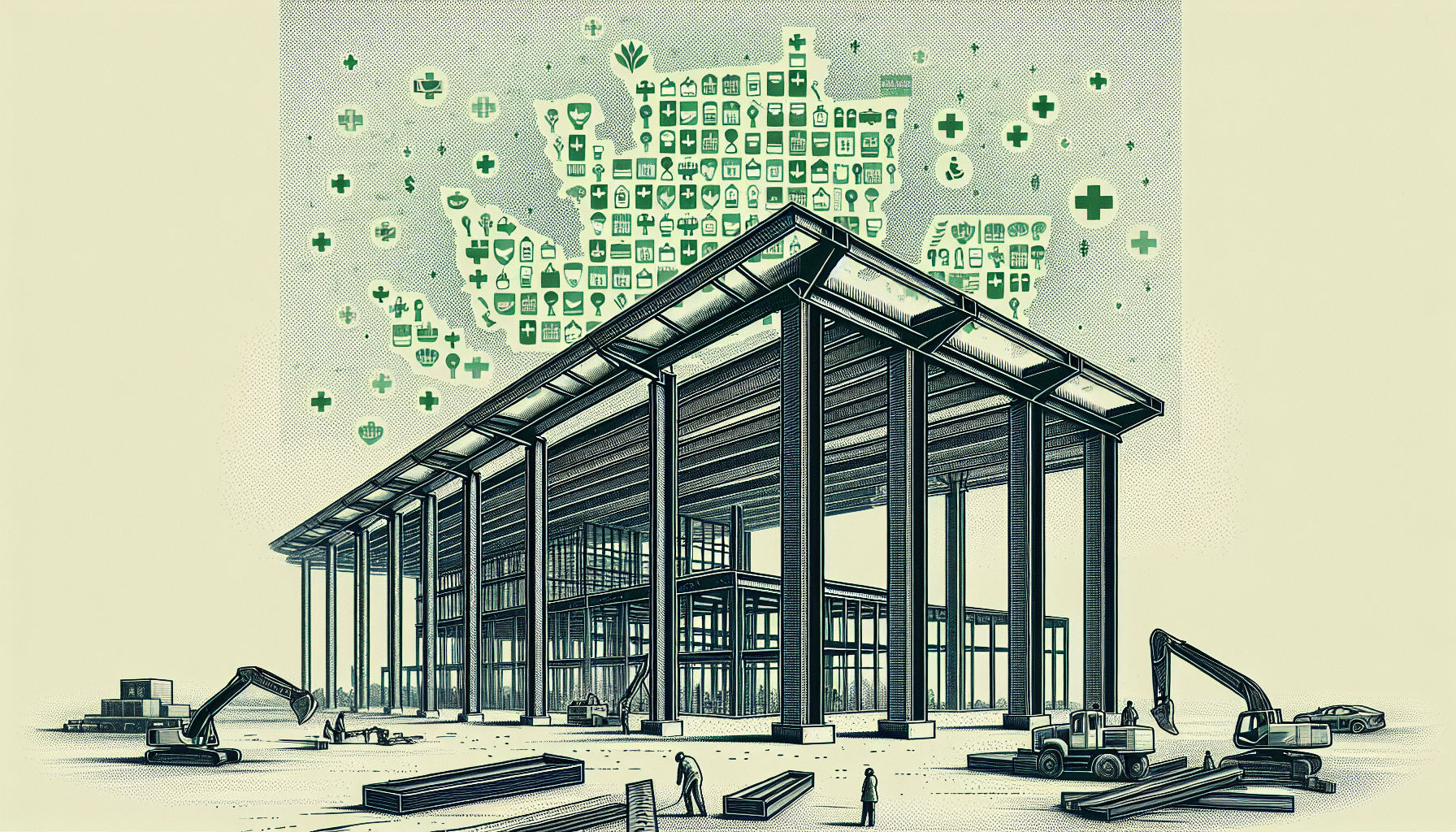 Steel construction of a healthcare facility under development.