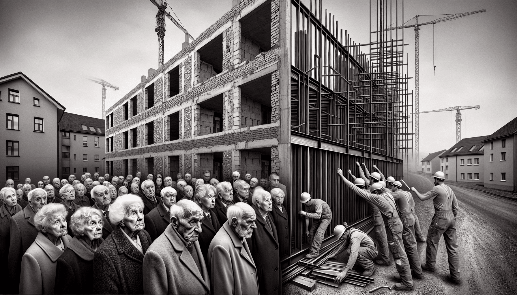 Construction site with workers assembling steel frame, Fort St. John.
