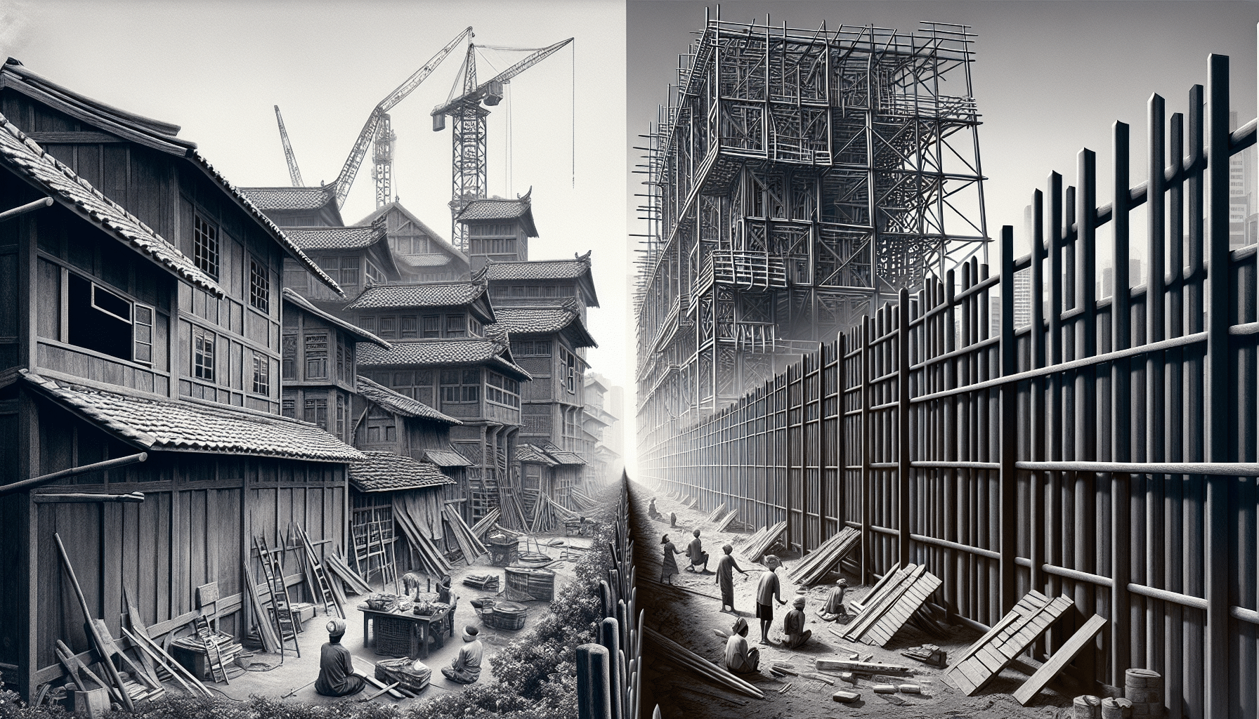 Traditional wooden structures beside modern steel construction with cranes.