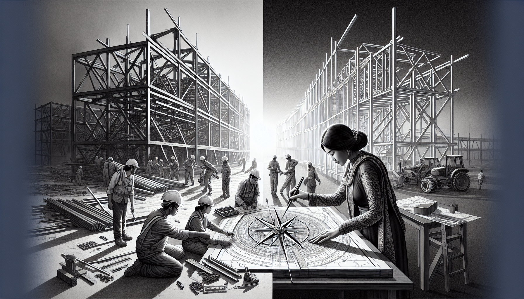 Steel construction workers and architect planning a building site