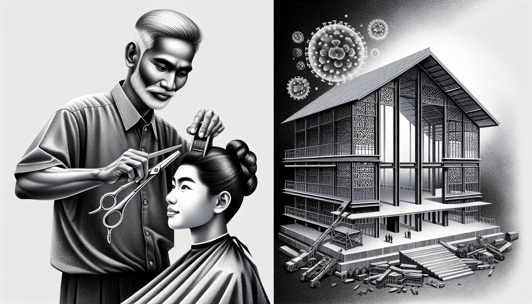 Barber transforming into steel construction with intricate design