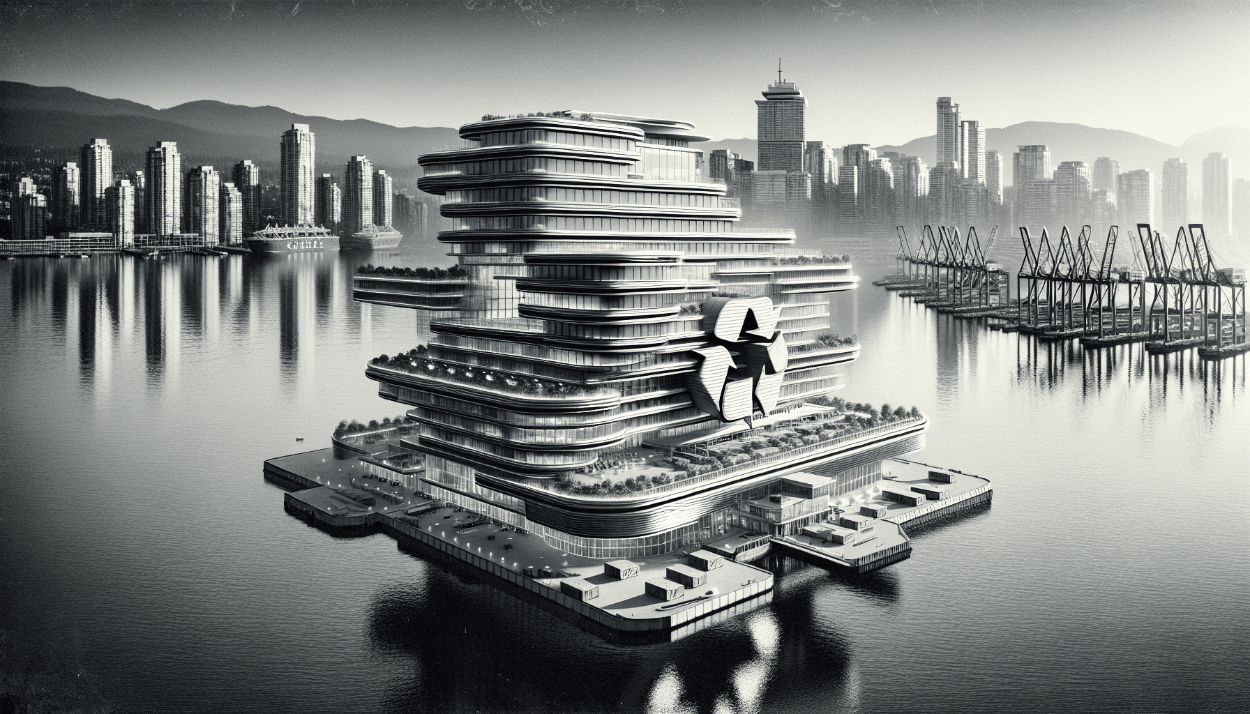 Floating steel hotel in Vancouver Harbour with city skyline
