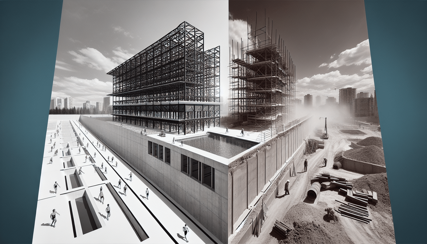 Modern steel construction juxtaposed with traditional scaffolding on a Canadian site.