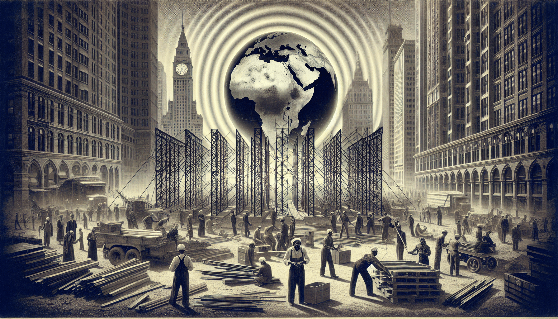 Workers constructing steel structures with a globe in the background.