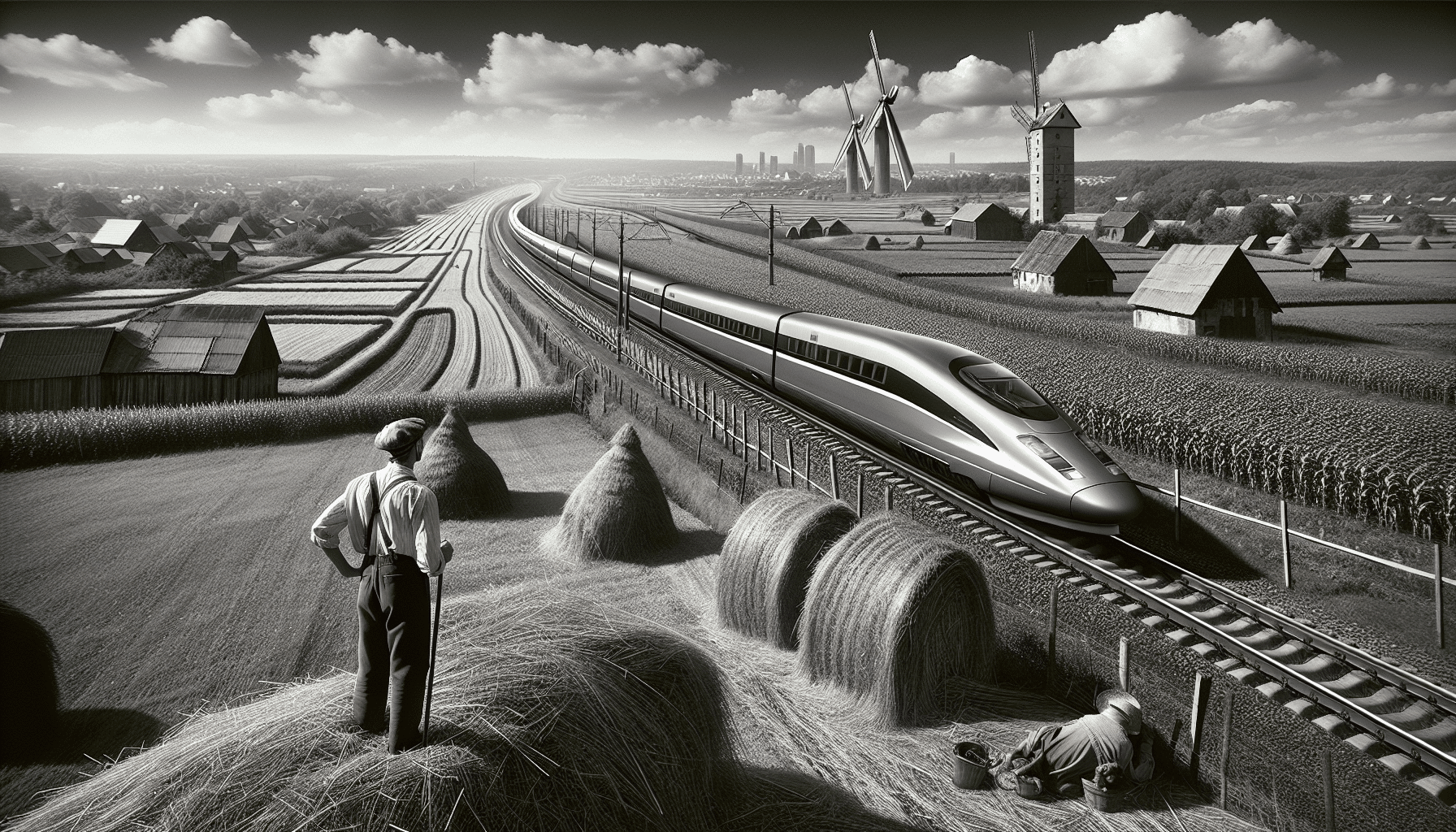 High-speed train passing through a rural farmland landscape.