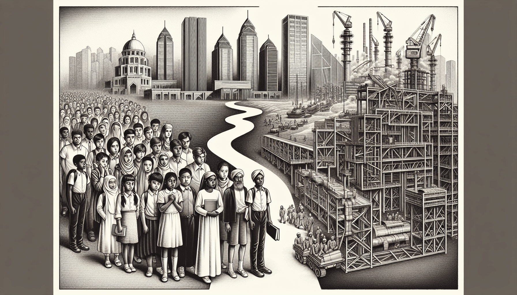 Diverse group of students facing a bustling steel construction site