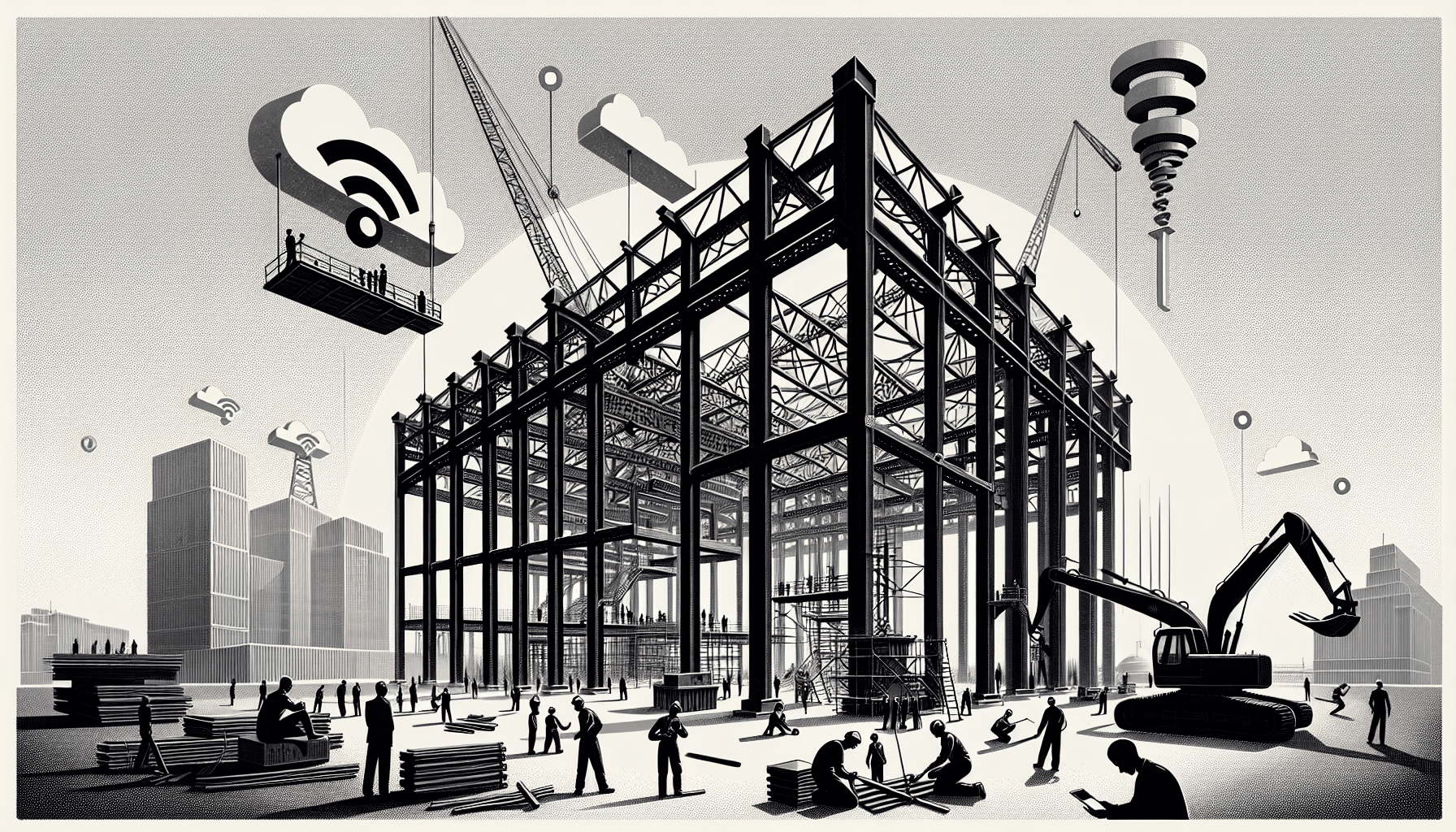 Steel construction site with digital cloud elements and workers