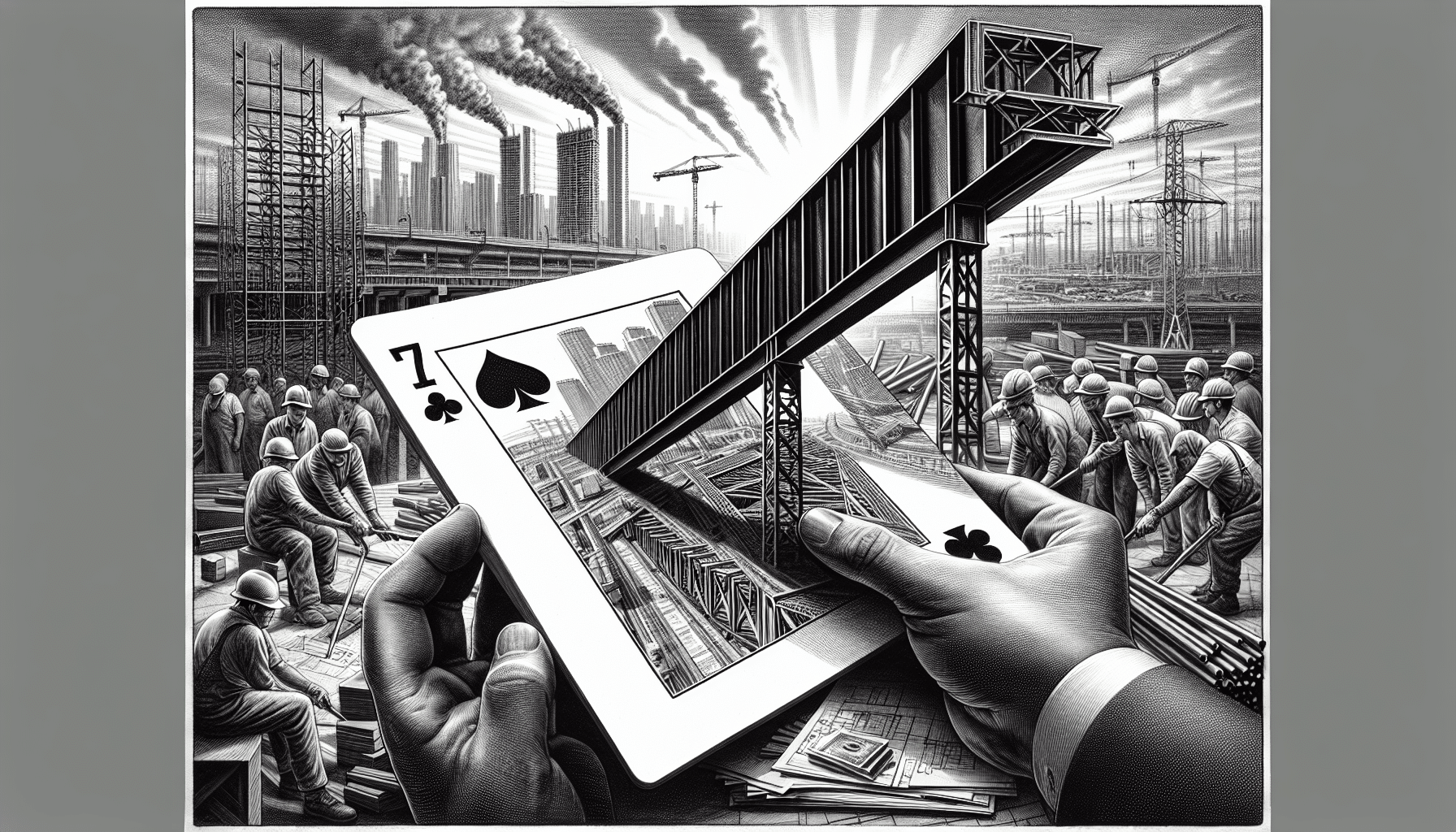 Steel industry workers and construction with playing cards symbolism.