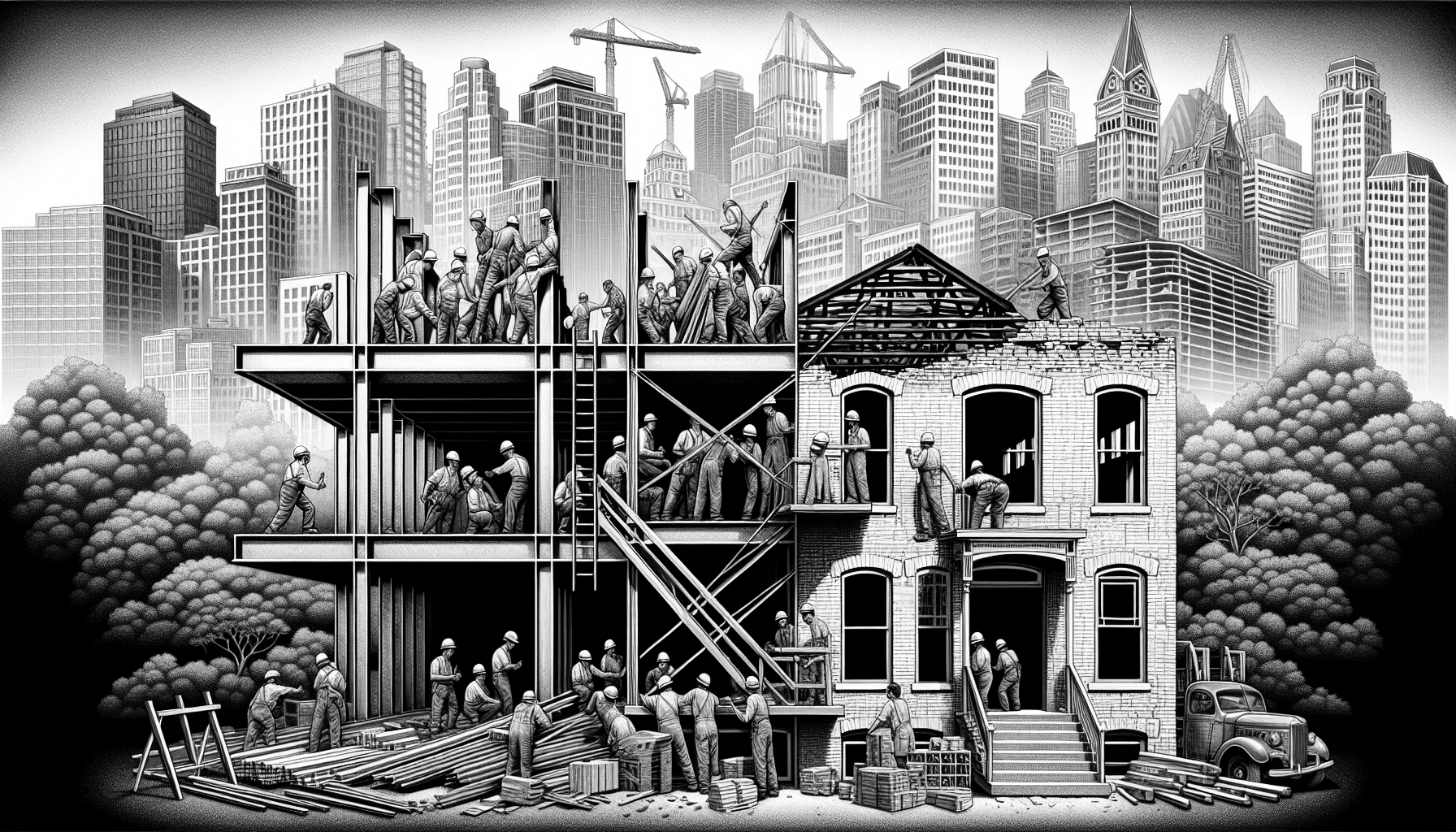 Ontario construction site with workers building a steel structure and renovating a brick building.