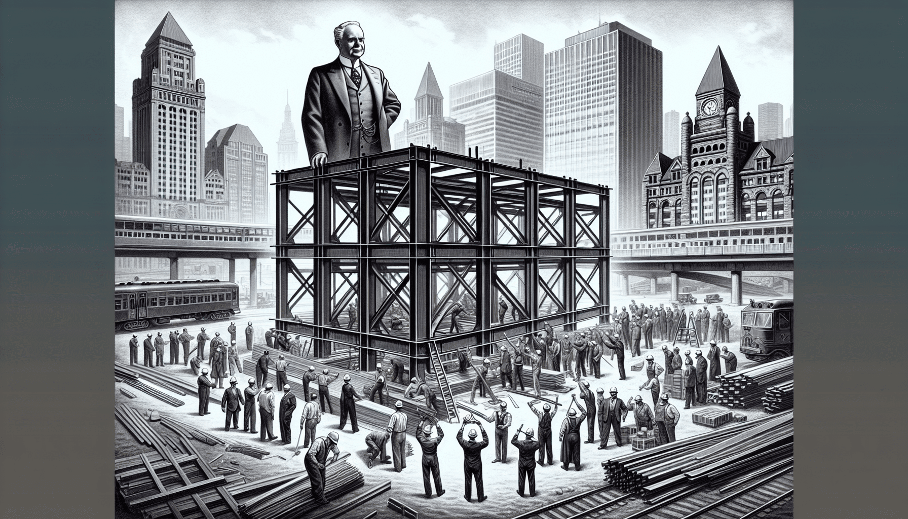 Historic steel construction site in downtown Ontario with workers and city skyline.