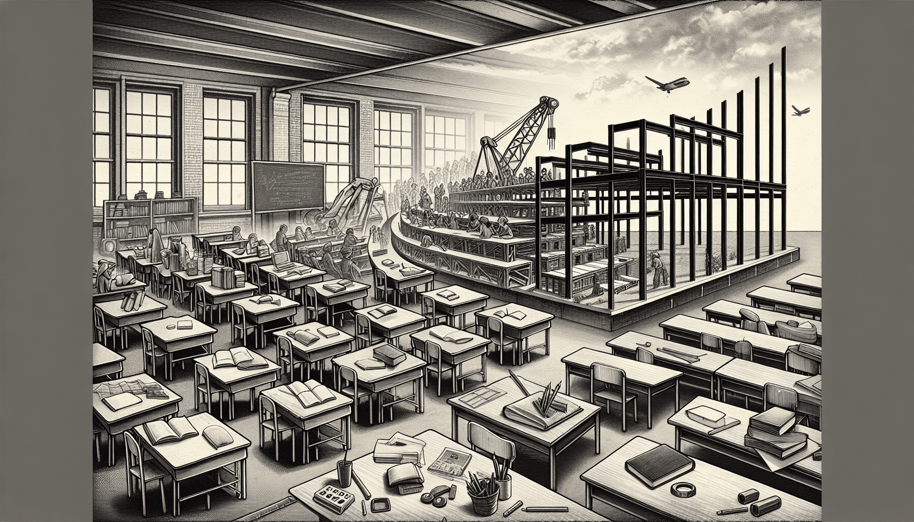 Steel classroom construction with desks transitioning to a metal structure.