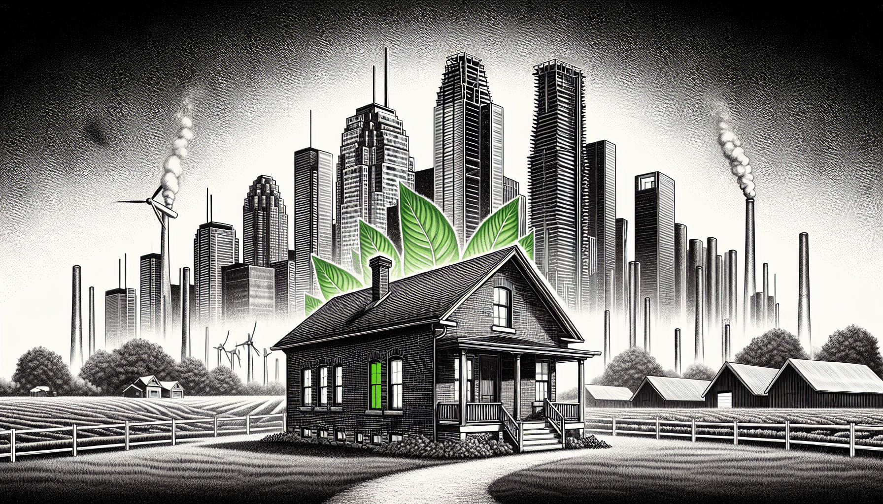 Ontario steel housing evolution with city skyline and green leaves