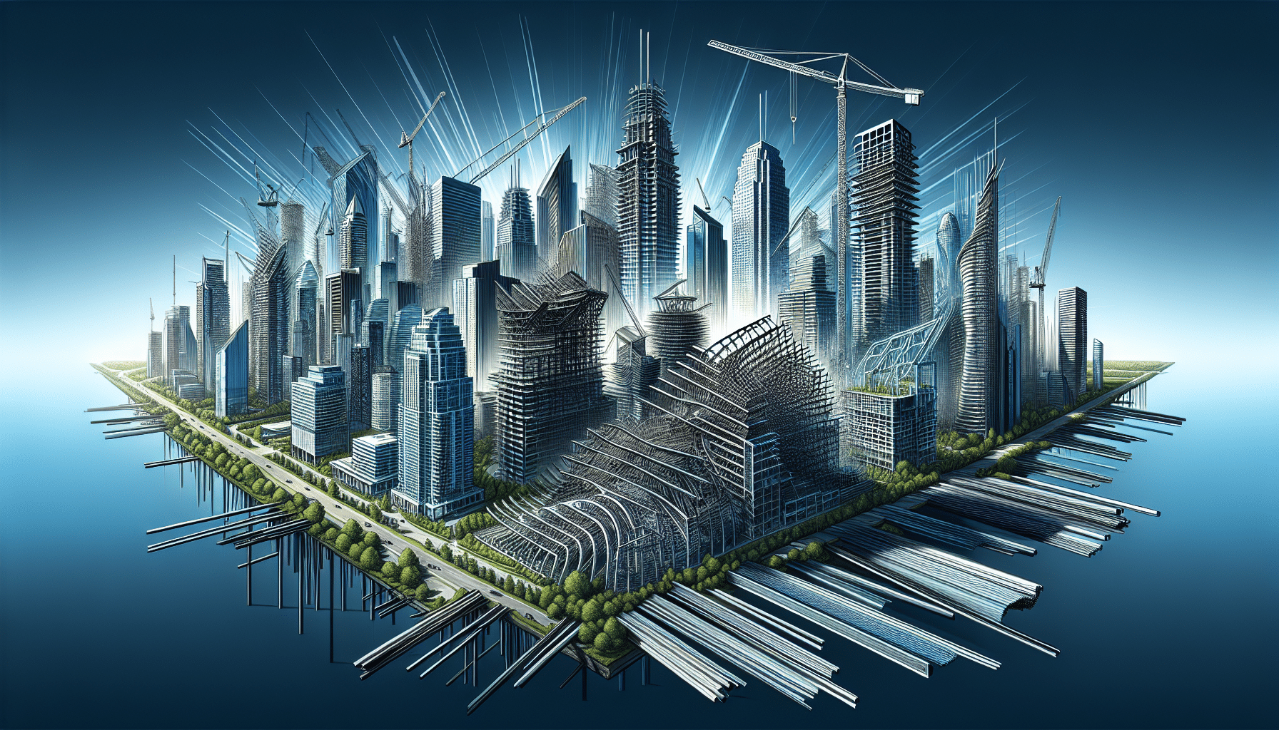 Futuristic Ontario skyline with steel buildings under construction.