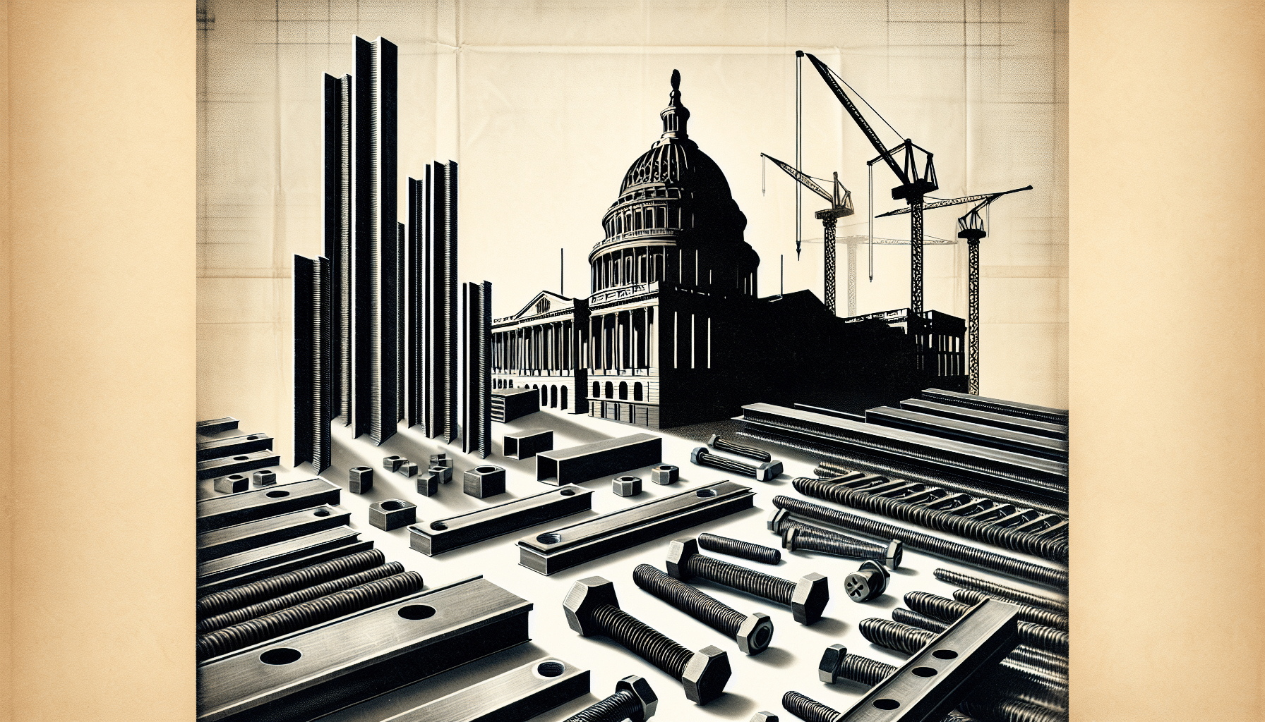 Ontario Steel Industry and Political Reform Steel beams and bolts with a government building and cranes in the background.