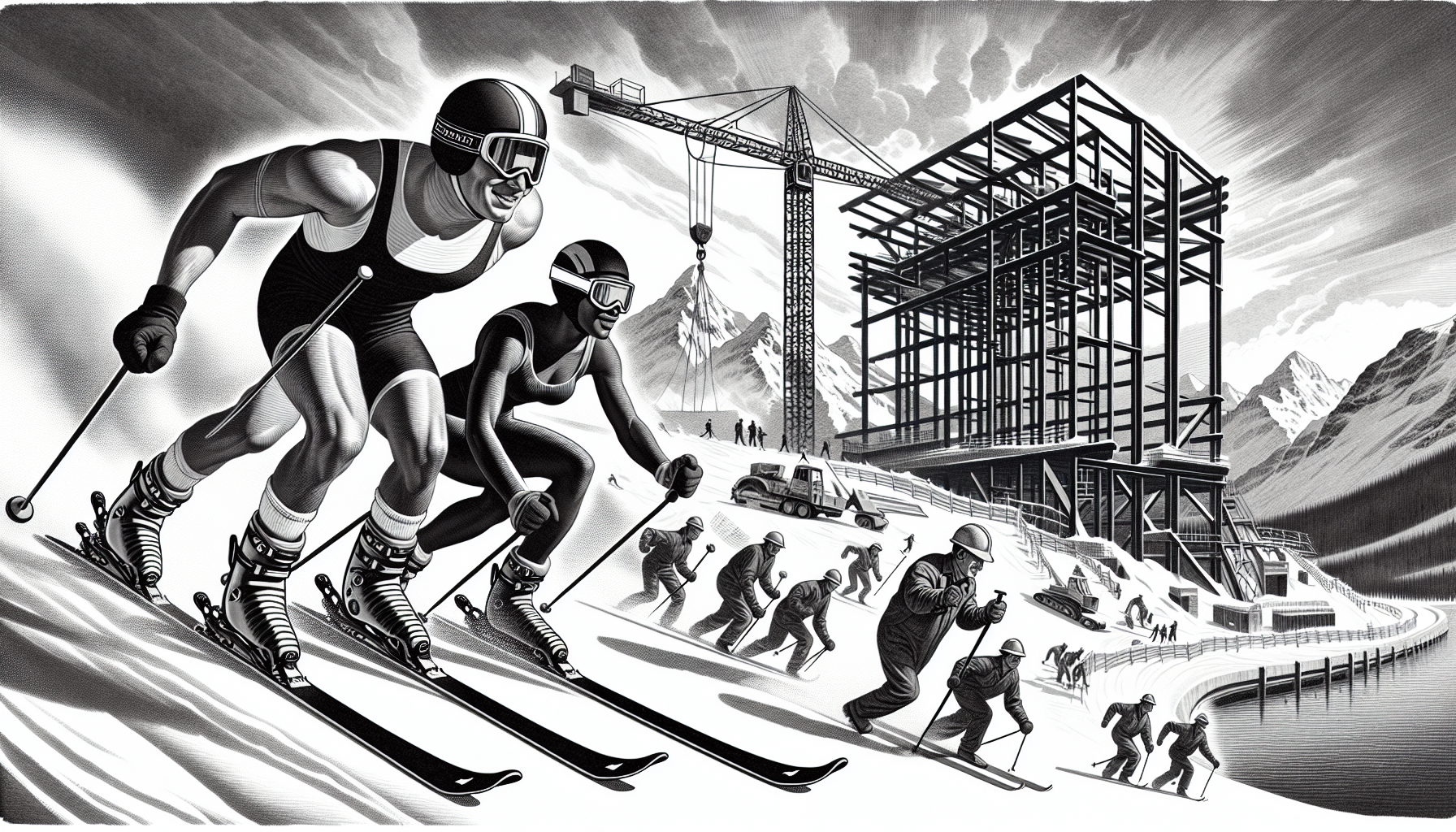 Skiers racing near a steel construction site in the mountains