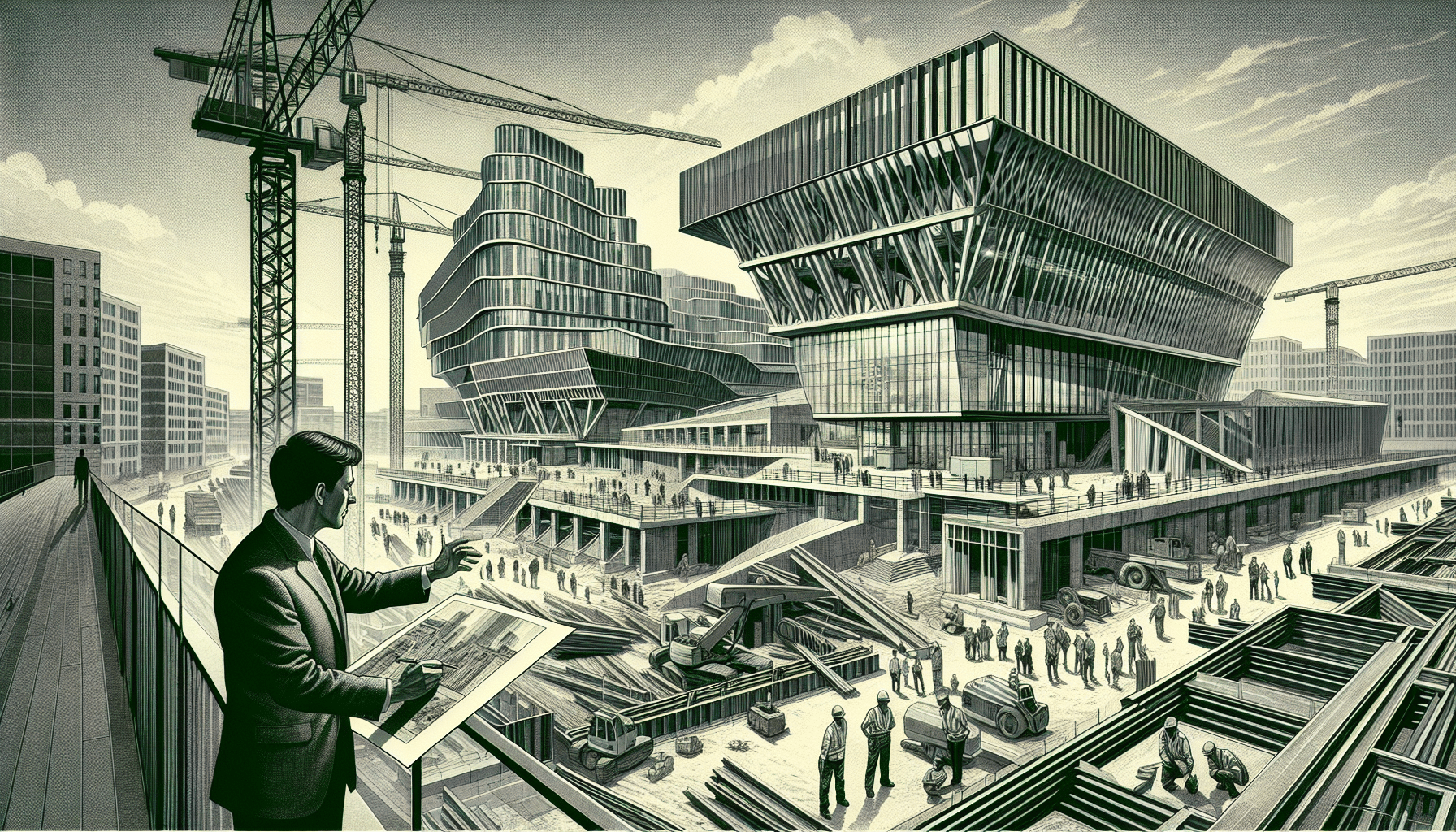 Steel construction site with modern buildings and cranes in Riverside South