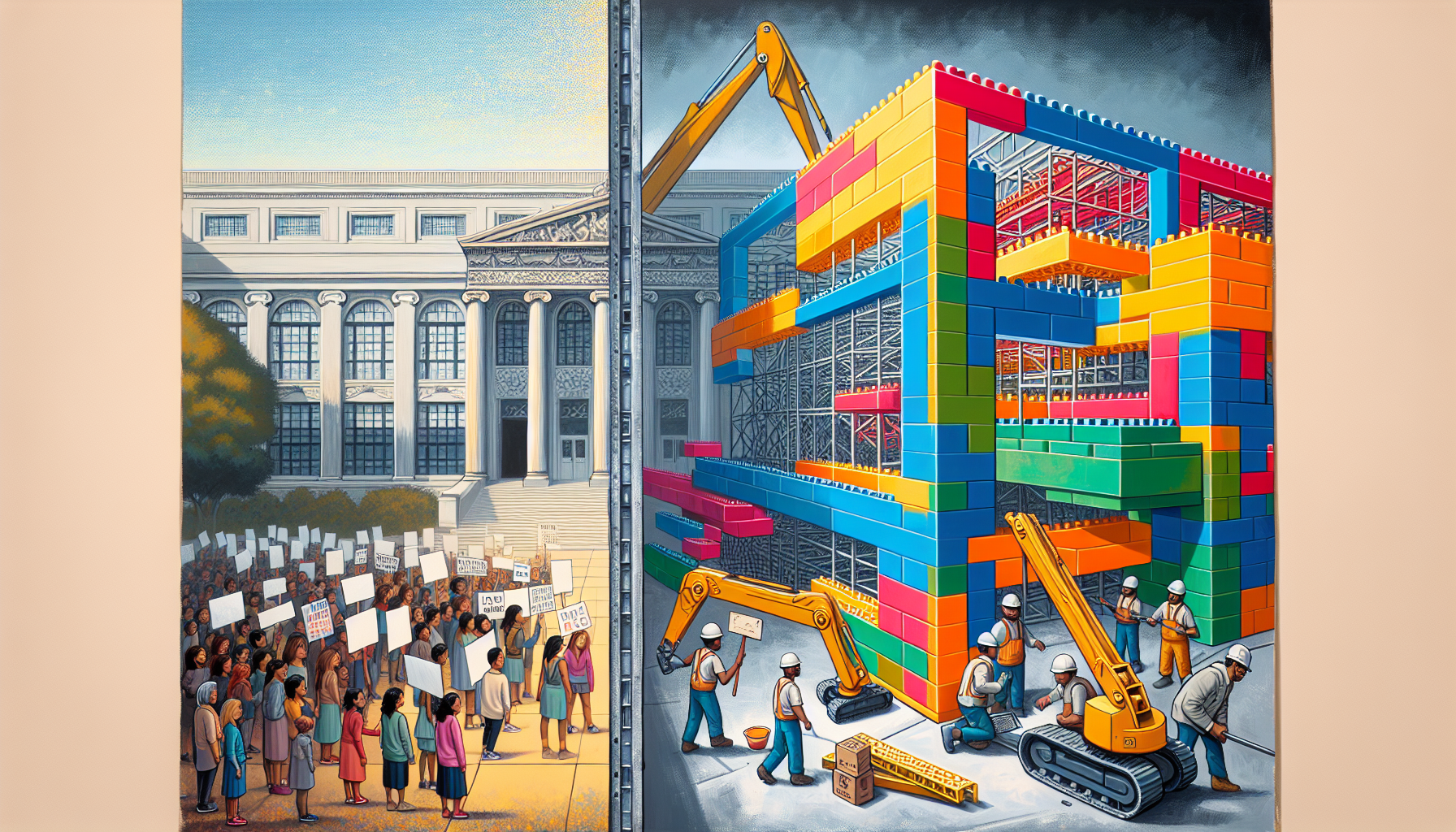 Steel construction site beside educational protest