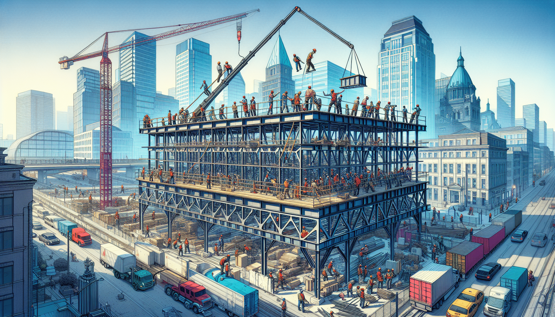 Steel construction workers building a high-rise in a Canadian city skyline.