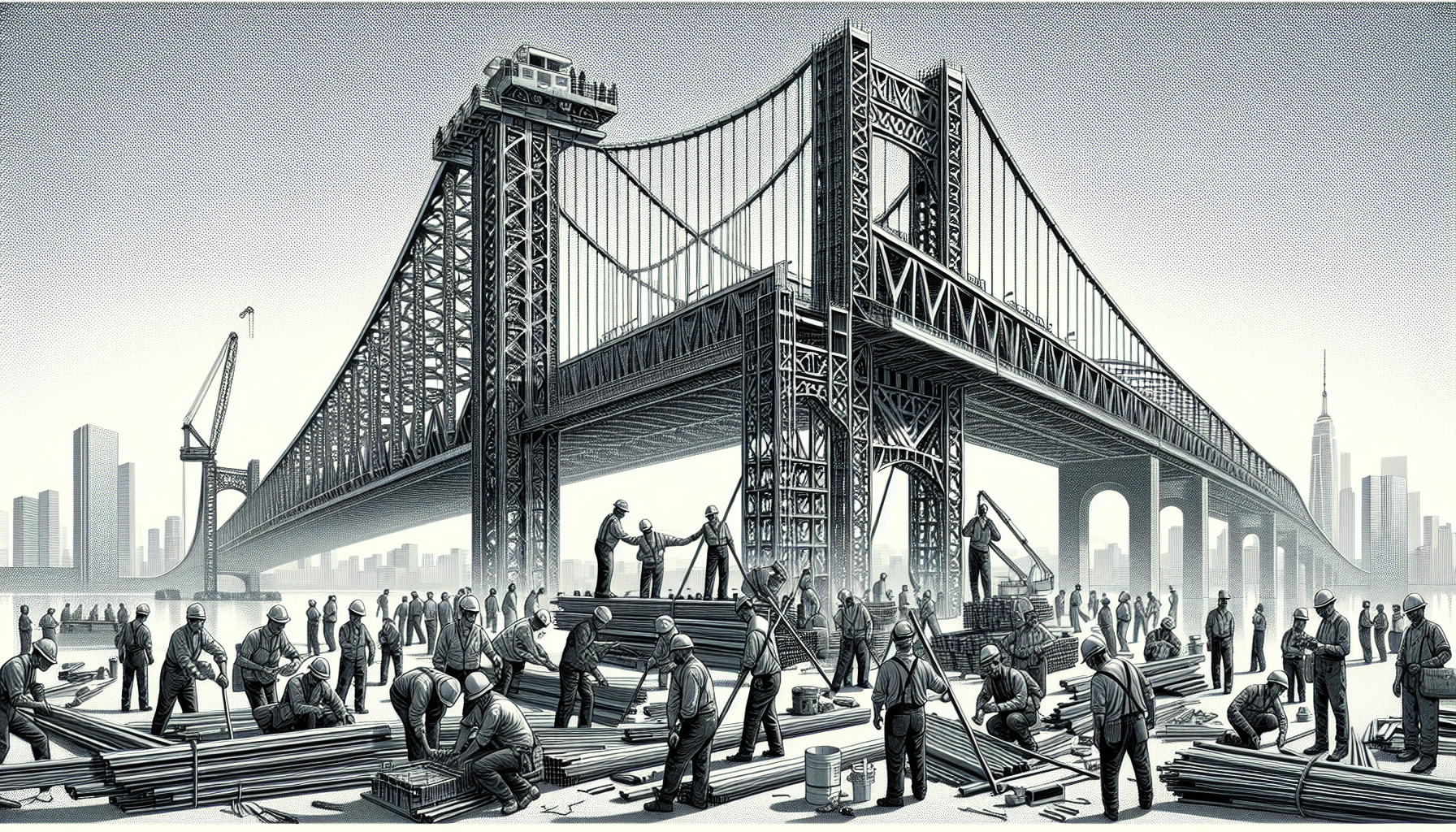 Steel bridge under construction with workers and cranes