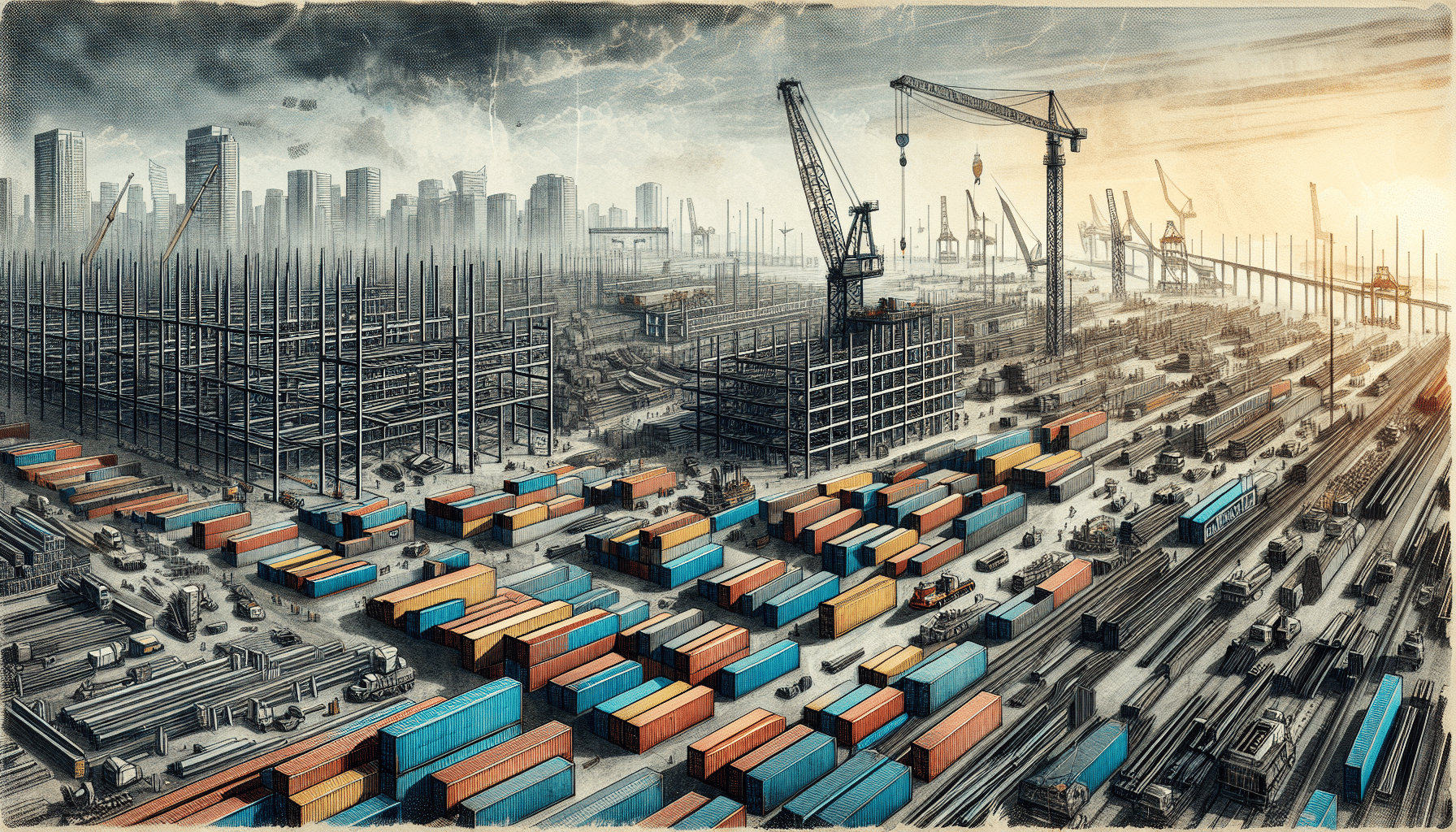 Canadian steel construction site with cranes and containers.